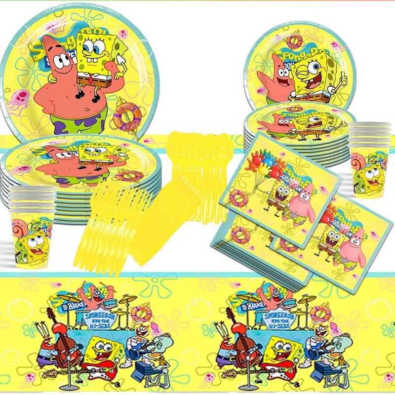 WEZHNFP Spongebob Squarepants Party Tableware Set Disposable Dinnerware Kit for 10 Guests (Multicolor, 79 Piece Set) 7dkbu