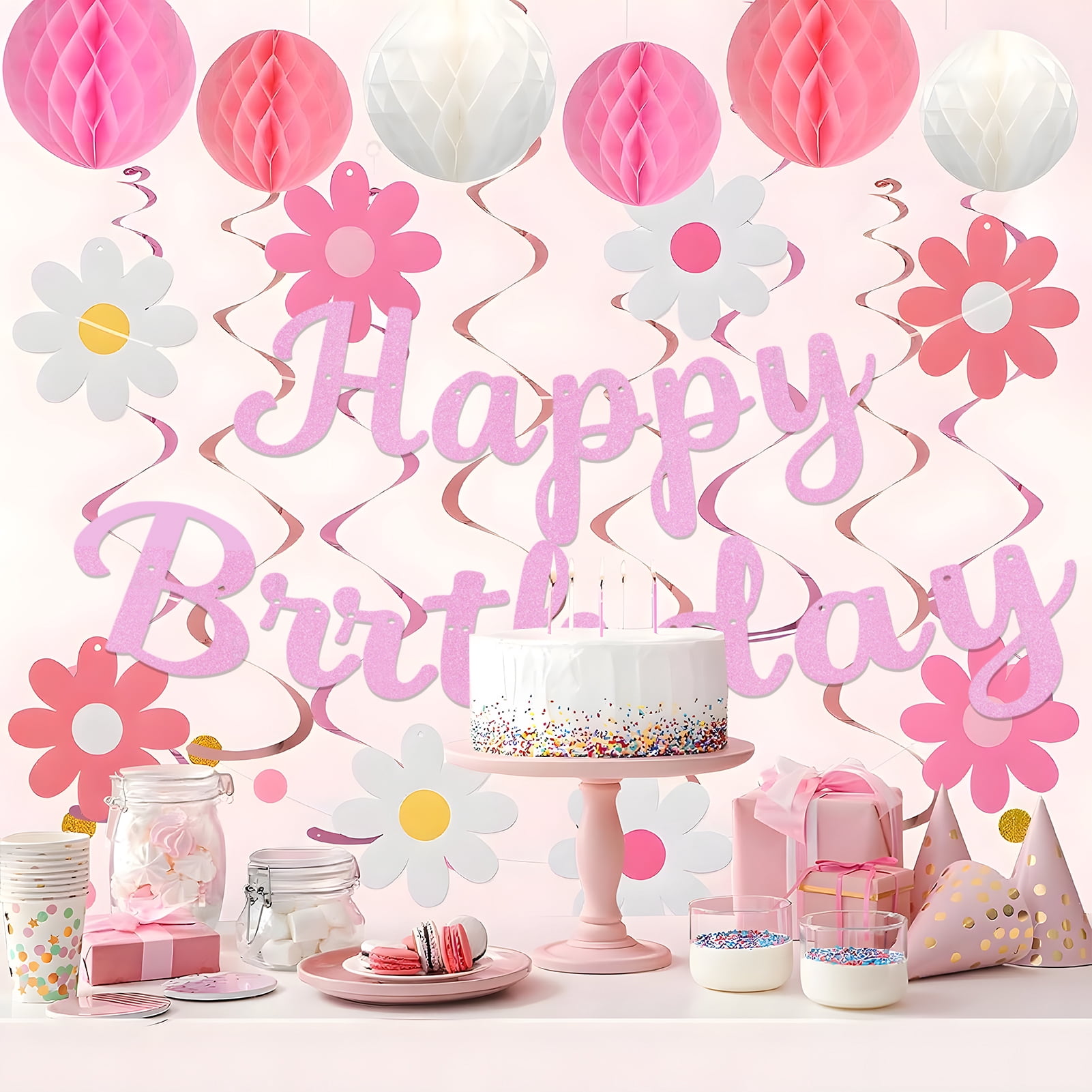 KiddiTouch Happy Birthday Party Decorations Set, Pre-Strung Banner with Honeycomb Balls and Hanging Swirls (Pink, 16-Piece Set) fb5cy