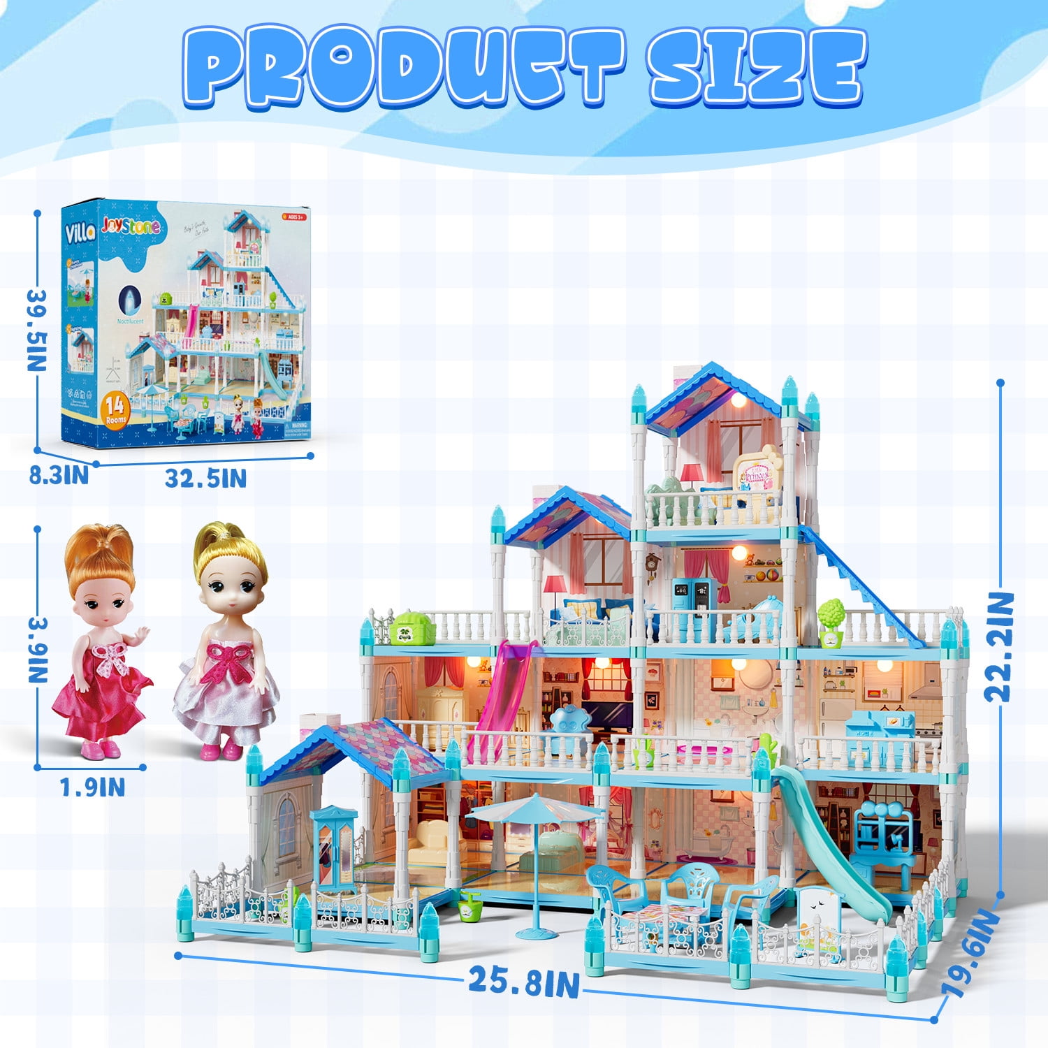 JoyStone Dollhouse with Warm Light, DIY Pretend Play Playhouse with 14 Rooms and 2 Dolls (Blue) w91cf