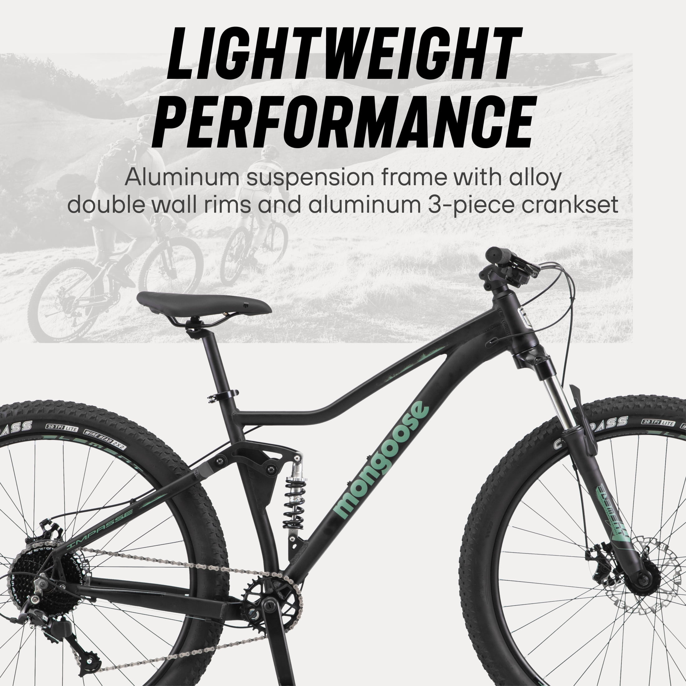 Mongoose Impasse Mountain Bike, Durable Aluminum Frame, All-Terrain Trail Performance (Matte Black, 27.5 in) qyg7j