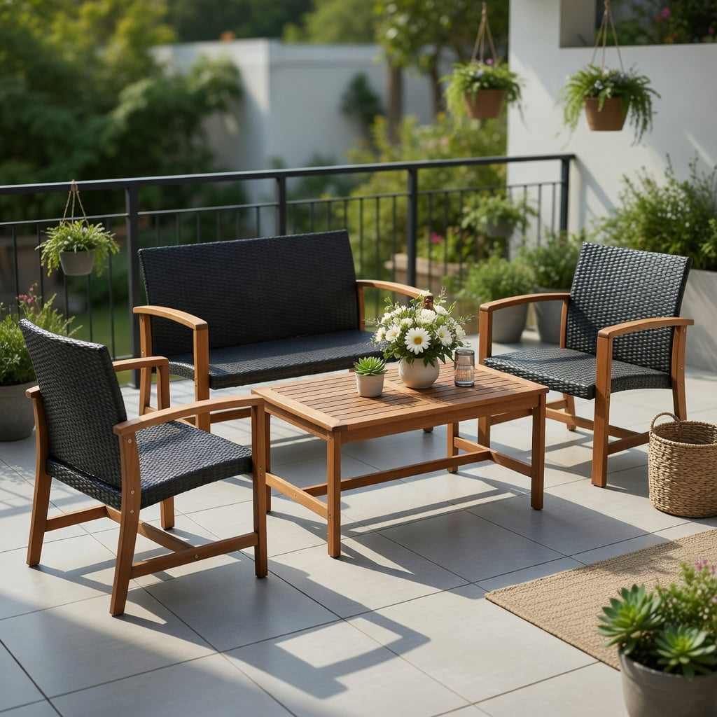 Resenkos 3-Piece Patio Rattan Bistro Furniture Set, Outdoor Garden Conversation Set with Acacia Wood Table Top (Beige) 7wp4y