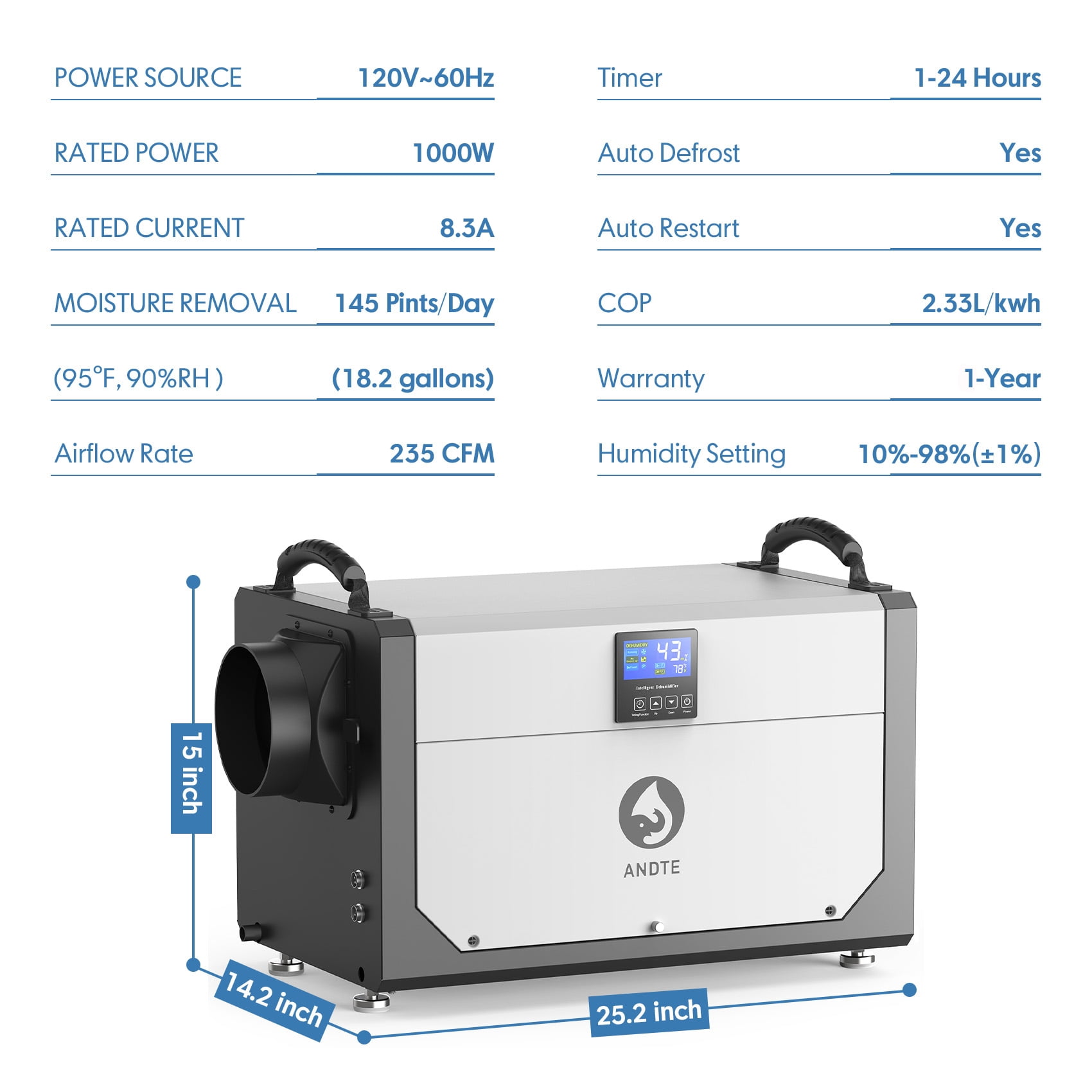 ANDTE Commercial Dehumidifier with Remote Control, High-Capacity Moisture Removal for Basements and Crawl Spaces (Grey, 145 Pints) 2mbx4