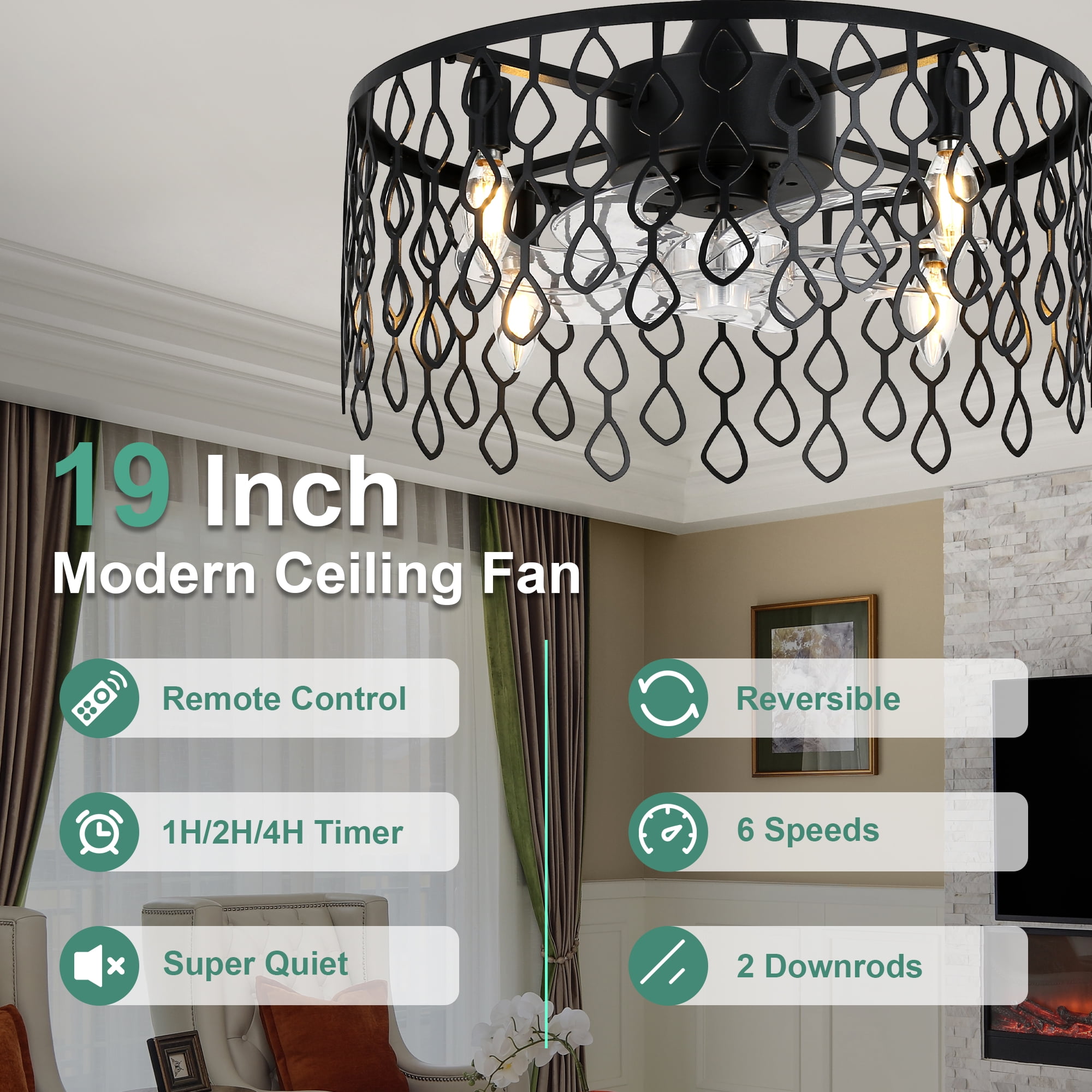 Cusp Barn Industrial Bladeless Caged Ceiling Fan with Light and Remote Control (Black, 19 in) qt5eq