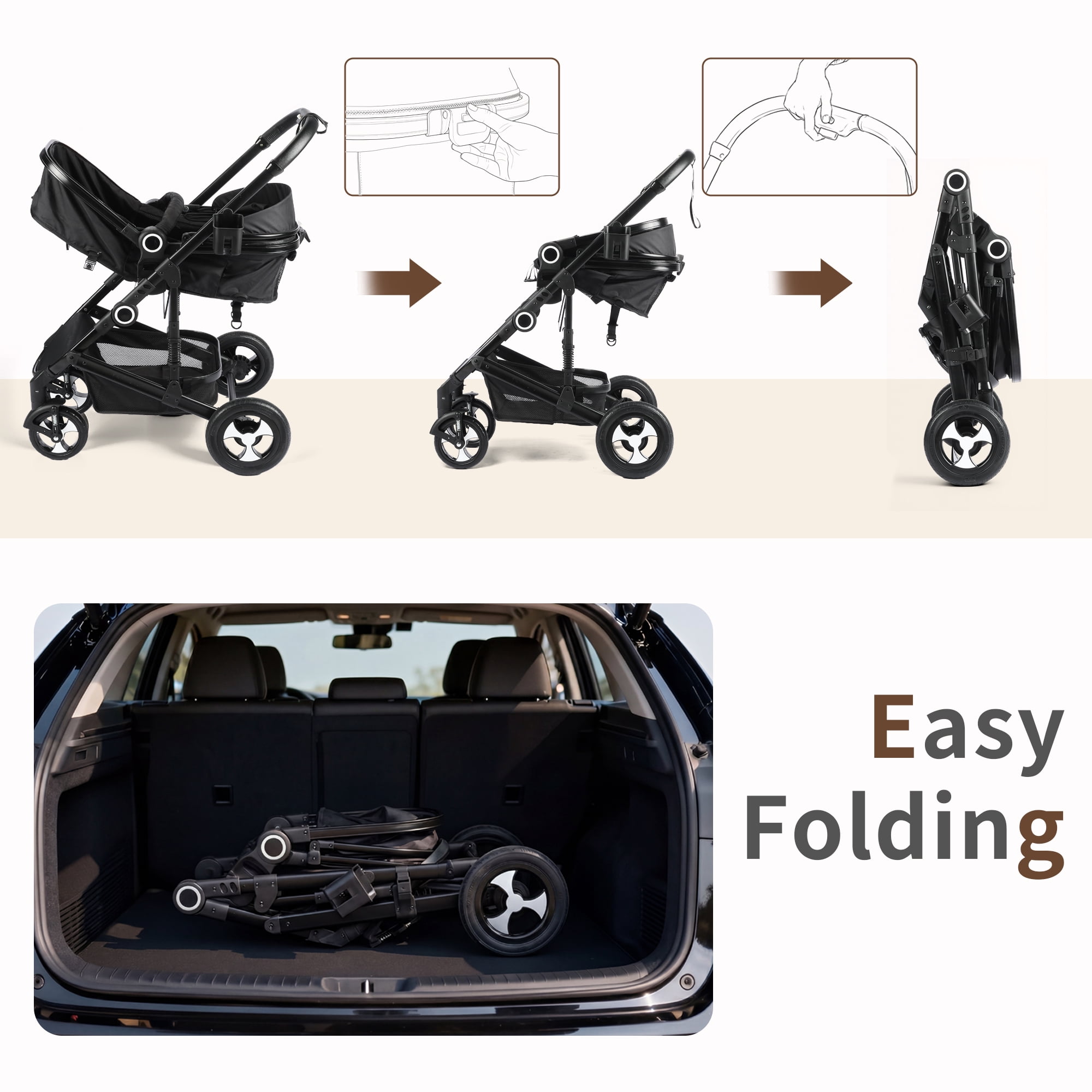 AILEEKISS 3-in-1 Convertible Baby Stroller, Reversible Seat with Adjustable Canopy (Black, 24 lb) z5il0