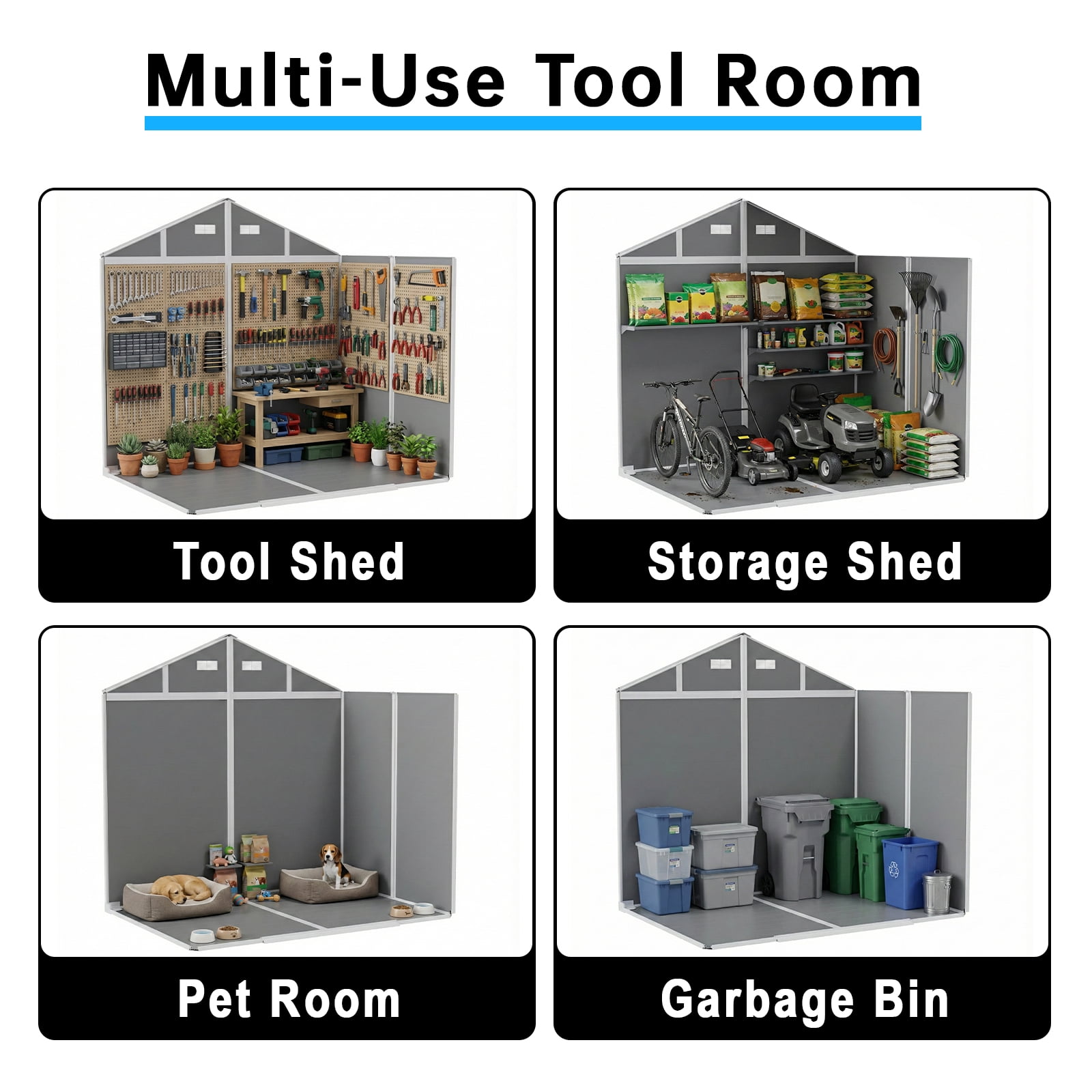 LARBANKE Outdoor Resin Storage Shed, Waterproof Garden Tool Organizer with Floor, Lockable Double Doors & Ramp (Grey, 8x6 ft) 7sw78