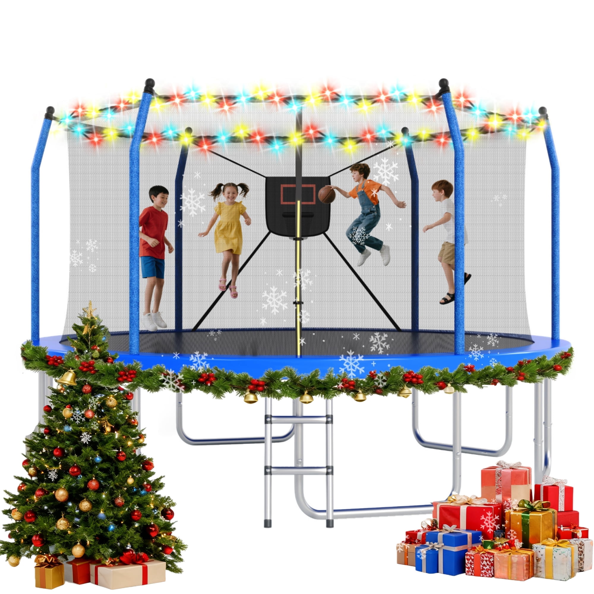 Euroco 14ft Outdoor Round Trampoline with LED Lights, Basketball Hoop, Enclosure Net & Ladder (Blue, 14 ft) 9qv5v
