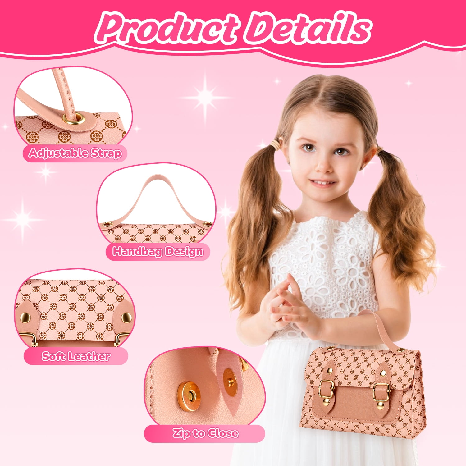 Flooyes Kids Makeup Toy Set Pretend Play Handbag with Necklace and Watch (Pink, 1 Set) api8t