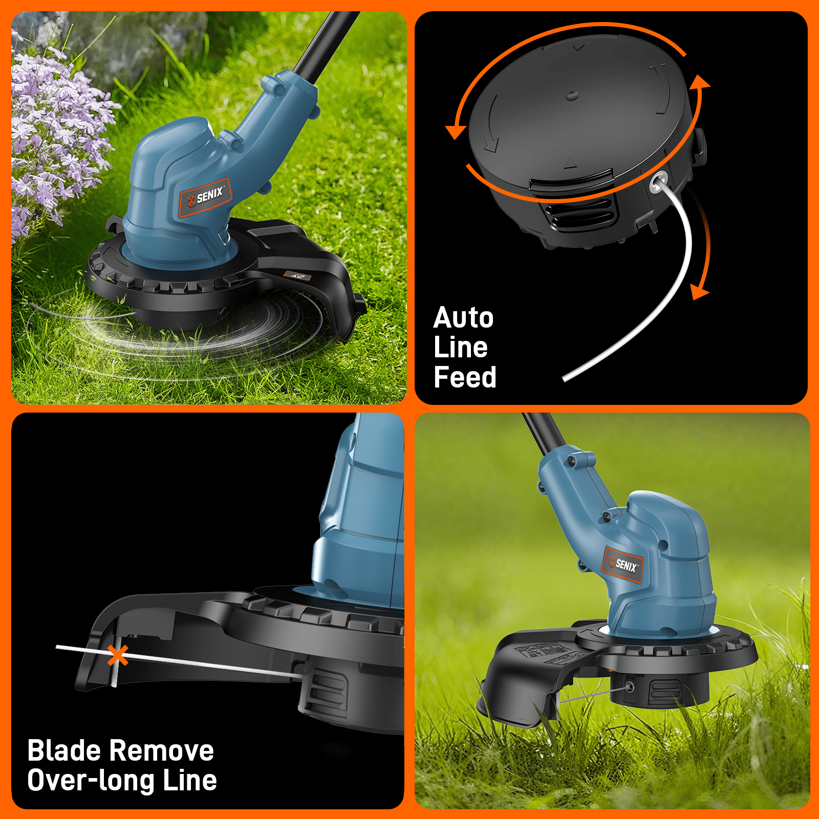Senix 20V Cordless Grass Trimmer, 10 in Cutting Width, Rotating Split Shaft with Auto Line Feed (2.0Ah Battery and Charger Included) 26ulo