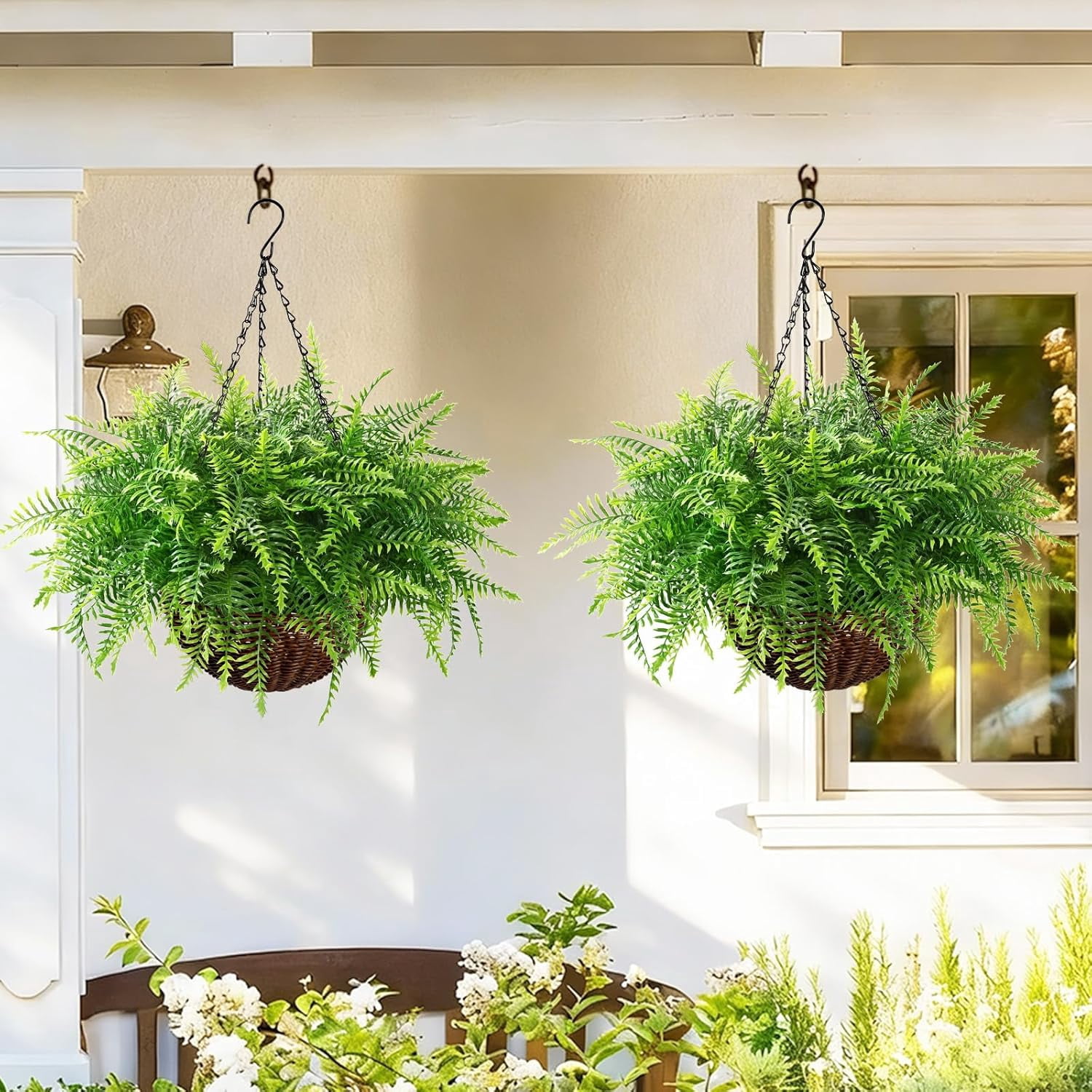 Yastouay Artificial Hanging Boston Ferns with Baskets, UV-Resistant Faux Plants for Indoor and Outdoor Home Porch Decor (Green, 2 Pcs, 17 in) xziwy