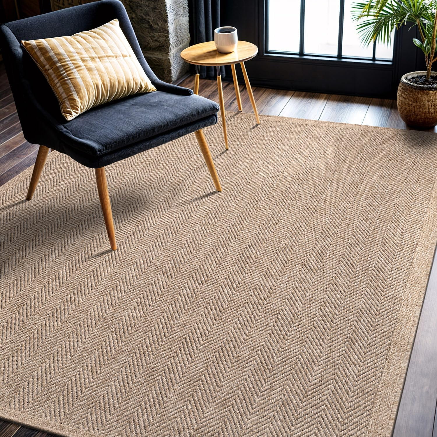 CAMILSON Herringbone Area Rug Indoor Outdoor Farmhouse Style (Natural, 9 ft x 12 ft) muvm3