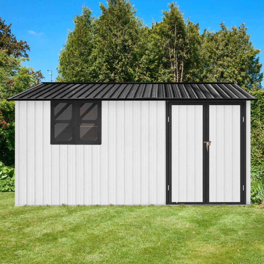 Roninkier Metal Outdoor Storage Shed with Worktable and Shelves (White and Black, 12 ft x 10 ft) 3q59c