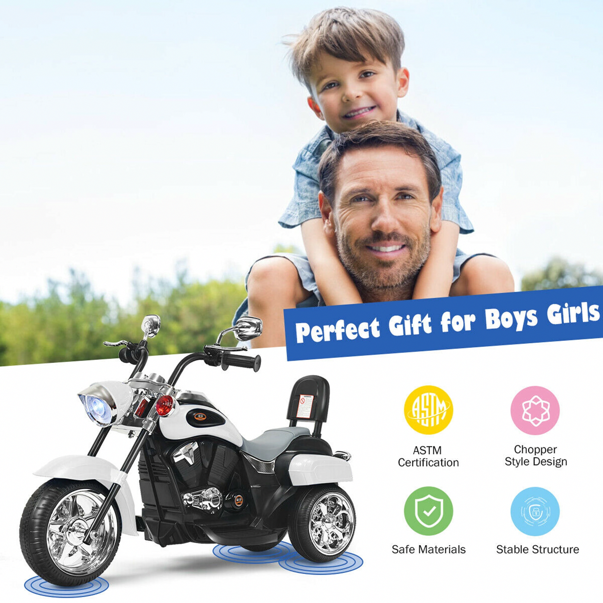 Gymax 6V Kids Ride On Chopper Motorcycle 3-Wheel Trike with LED Headlight (White) ma0ns