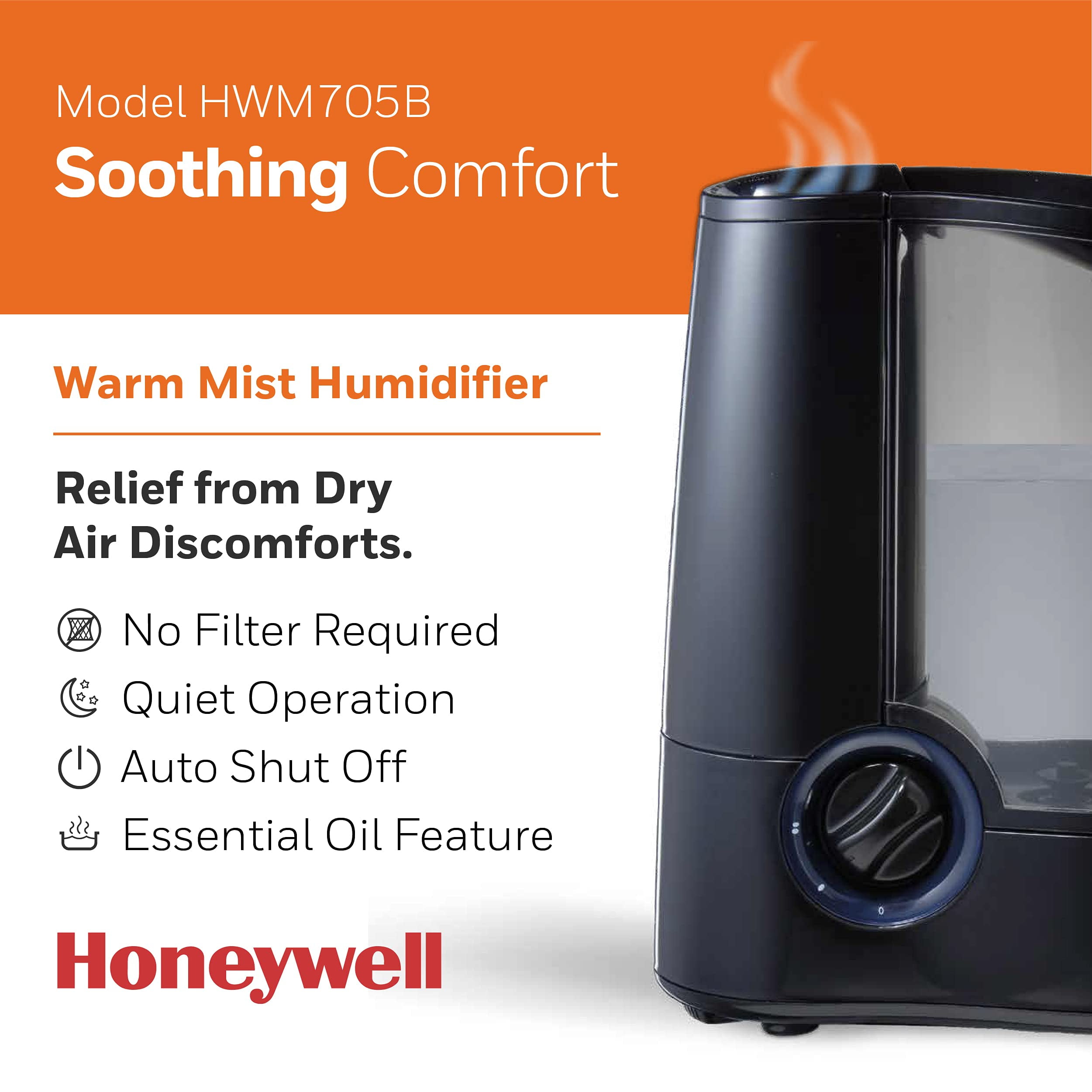 Honeywell Warm Mist Humidifier HWM705B (Filter Free, Quiet Operation, Black, 1 gal) 19mmj