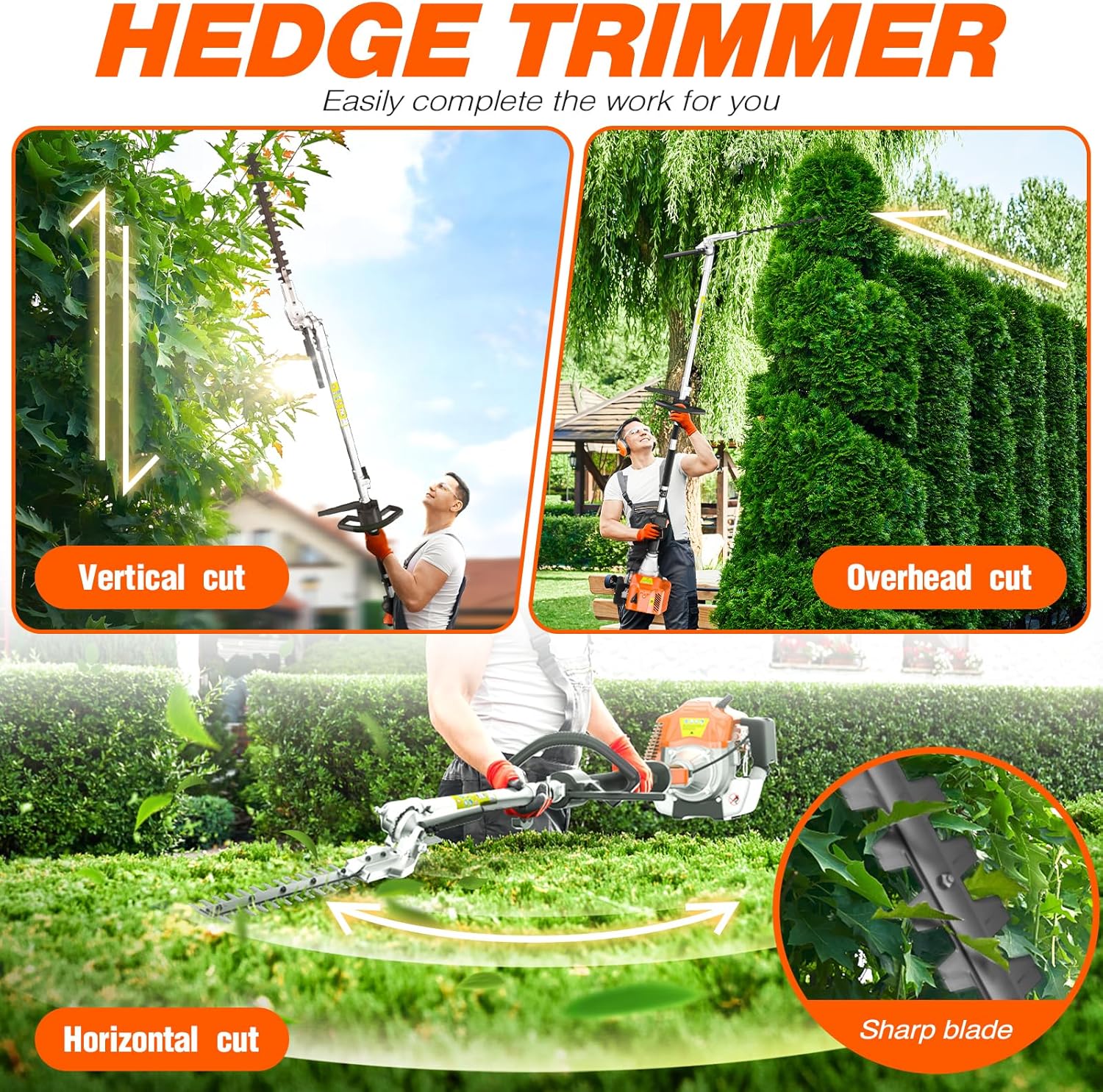 Baotree 52cc 2-Stroke 6-in-1 Gas Powered Multi-Tool Trimmer and Edger (Orange, 39.4 in Extension Pole) potq7