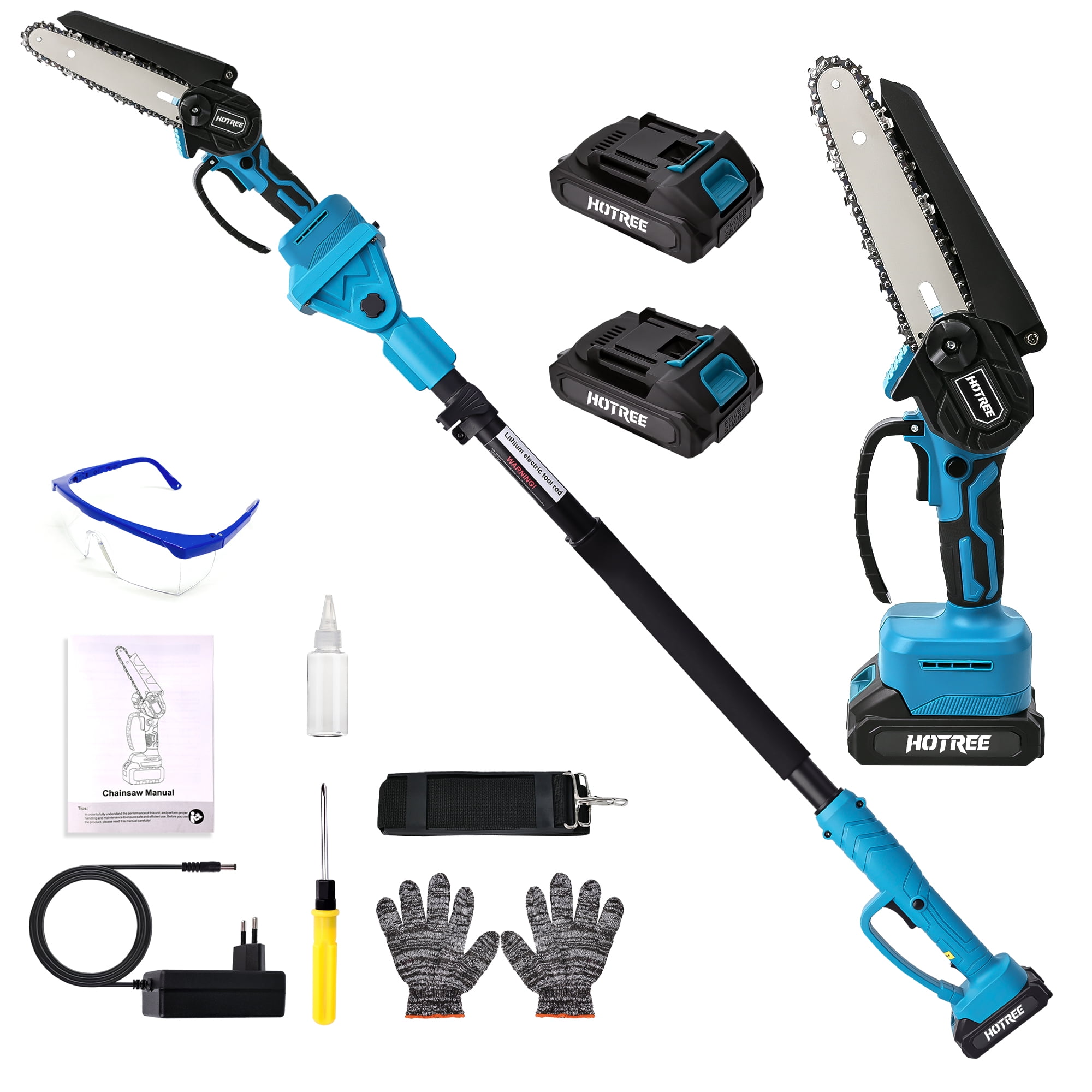 HOTREE 2-in-1 Cordless Pole Saw, 6-inch Mini Chainsaw with Adjustable Extension Pole (Blue, 15 ft Reach) lfu1u