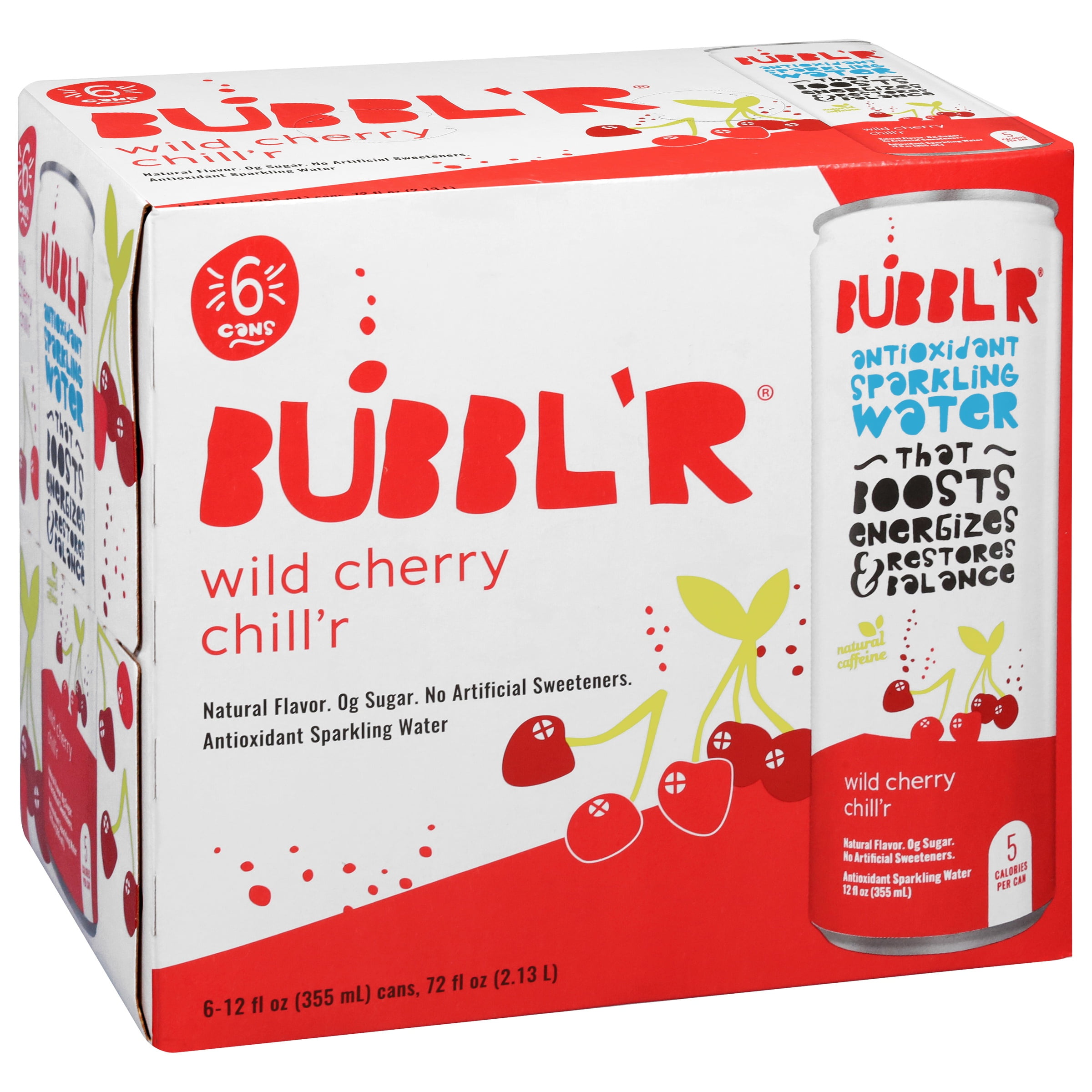 BUBBL'R Antioxidant Sparkling Water, Wild Cherry Chill'r, Refreshing Energy Drink (Wild Cherry, 6 Pack of 12 fl oz) gscys
