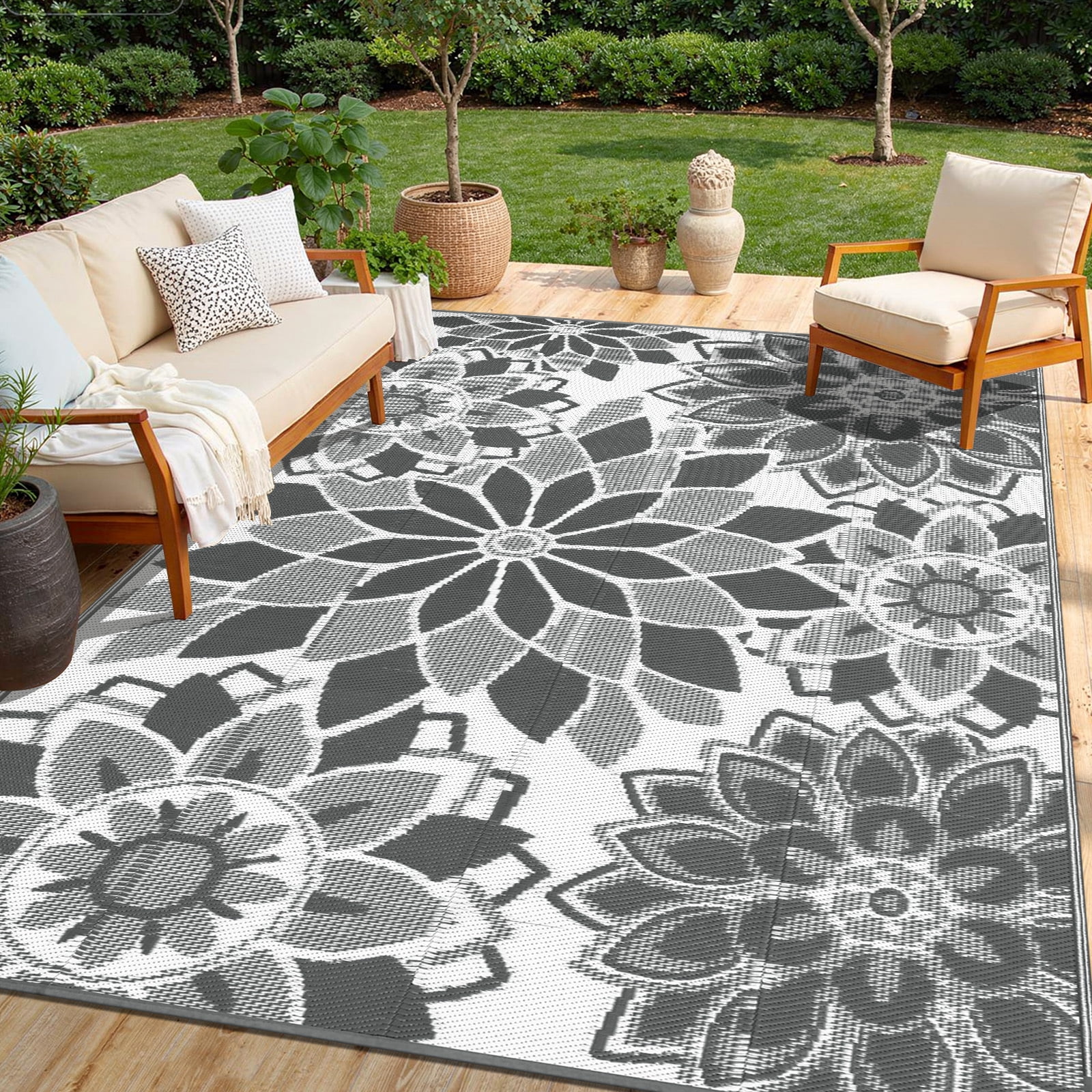 Findosom Reversible Outdoor Rug, Waterproof Plastic Straw Patio Mat for Camping and RV (Grey, 6 ft x 9 ft) ci7al