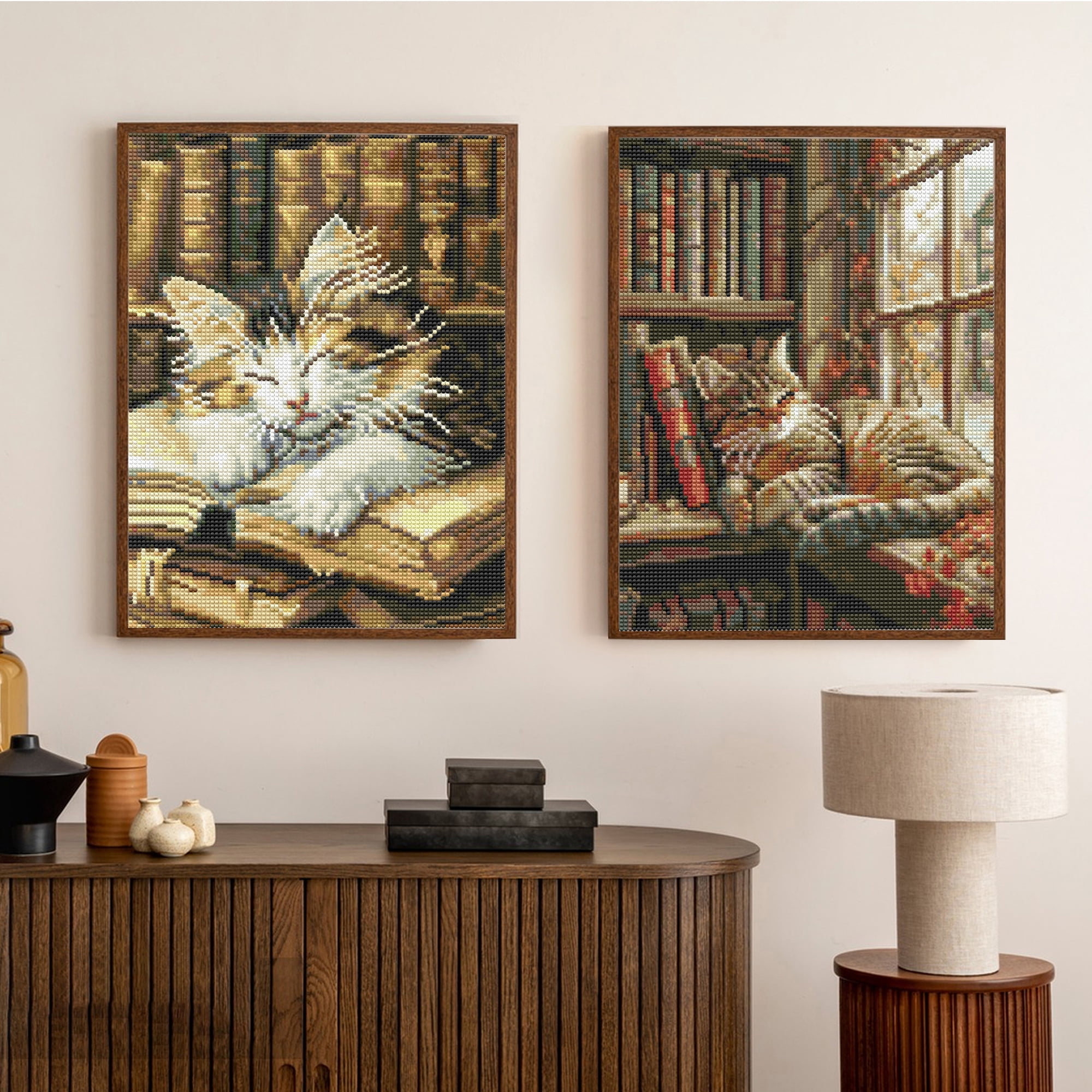 Mosaflare Cat Diamond Painting Art Kit, Full Round Drill DIY Craft Set for Home Decor (2-Pack, 12 in x 16 in) iehqo