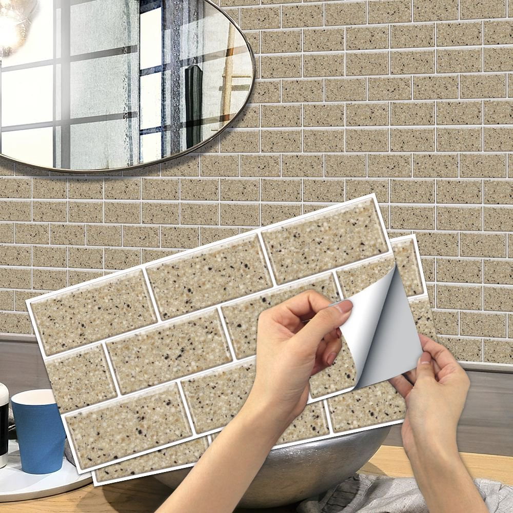 FUDAKUNA Self Adhesive Marbling Tile Stickers Waterproof Peel and Stick Backsplash (Beige Gray, 6 Pieces, 11.8 x 5.9 in) p5ldu