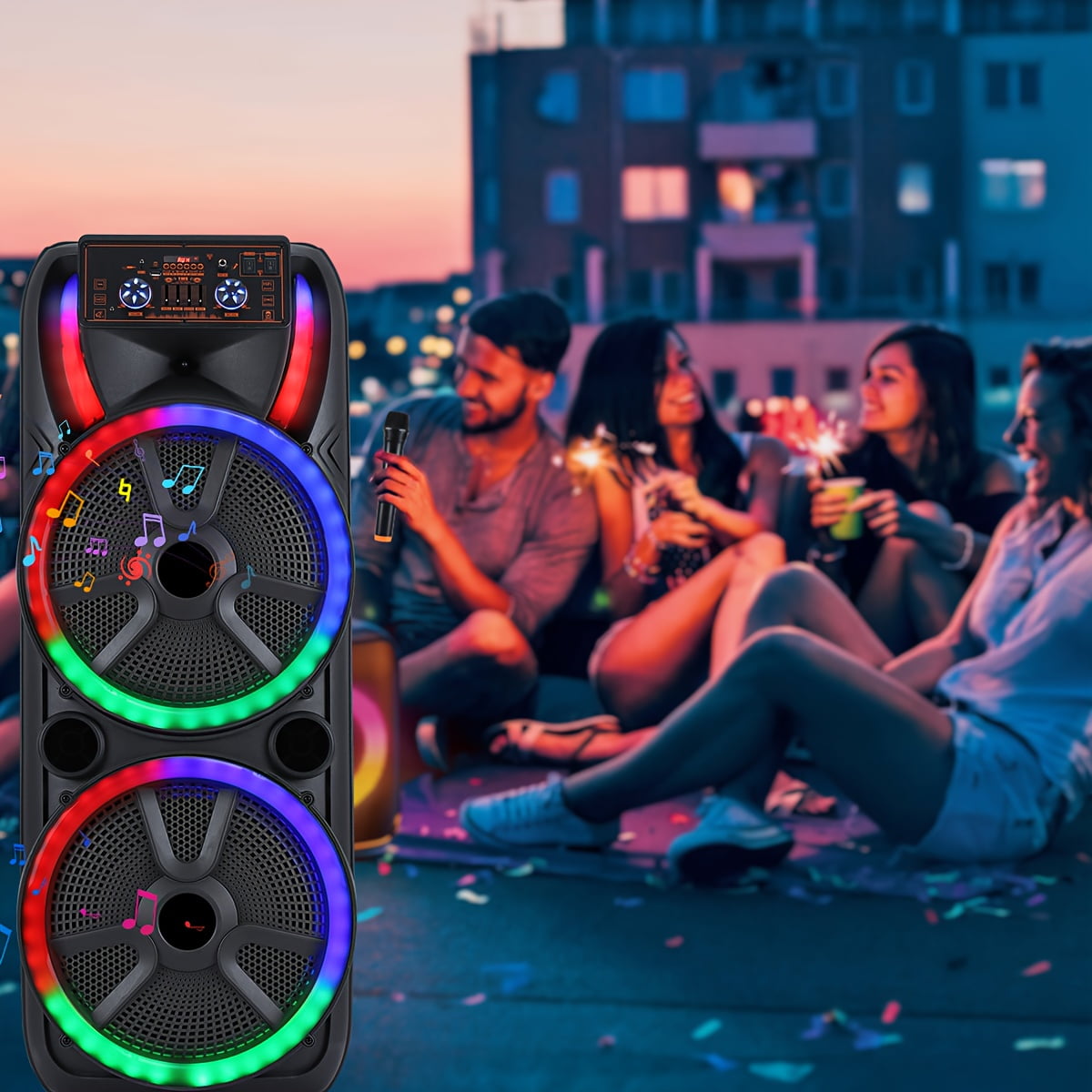 Lohoms Dual 15 in Karaoke Speaker System with 2 Wireless Microphones, Portable Bluetooth Party Box with LED Lighting (Black, 15 in) 3blbz