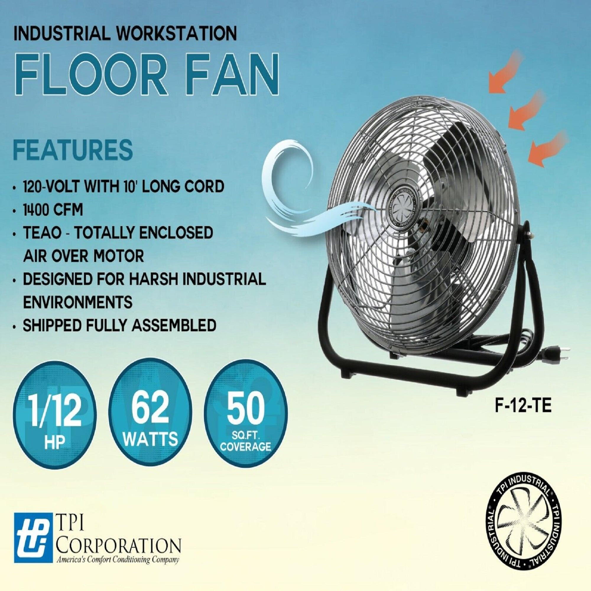TPI Corporation Industrial Floor Fan, High-Velocity Air Circulator with 3-Speed Control (Silver, 12 in) w1usp
