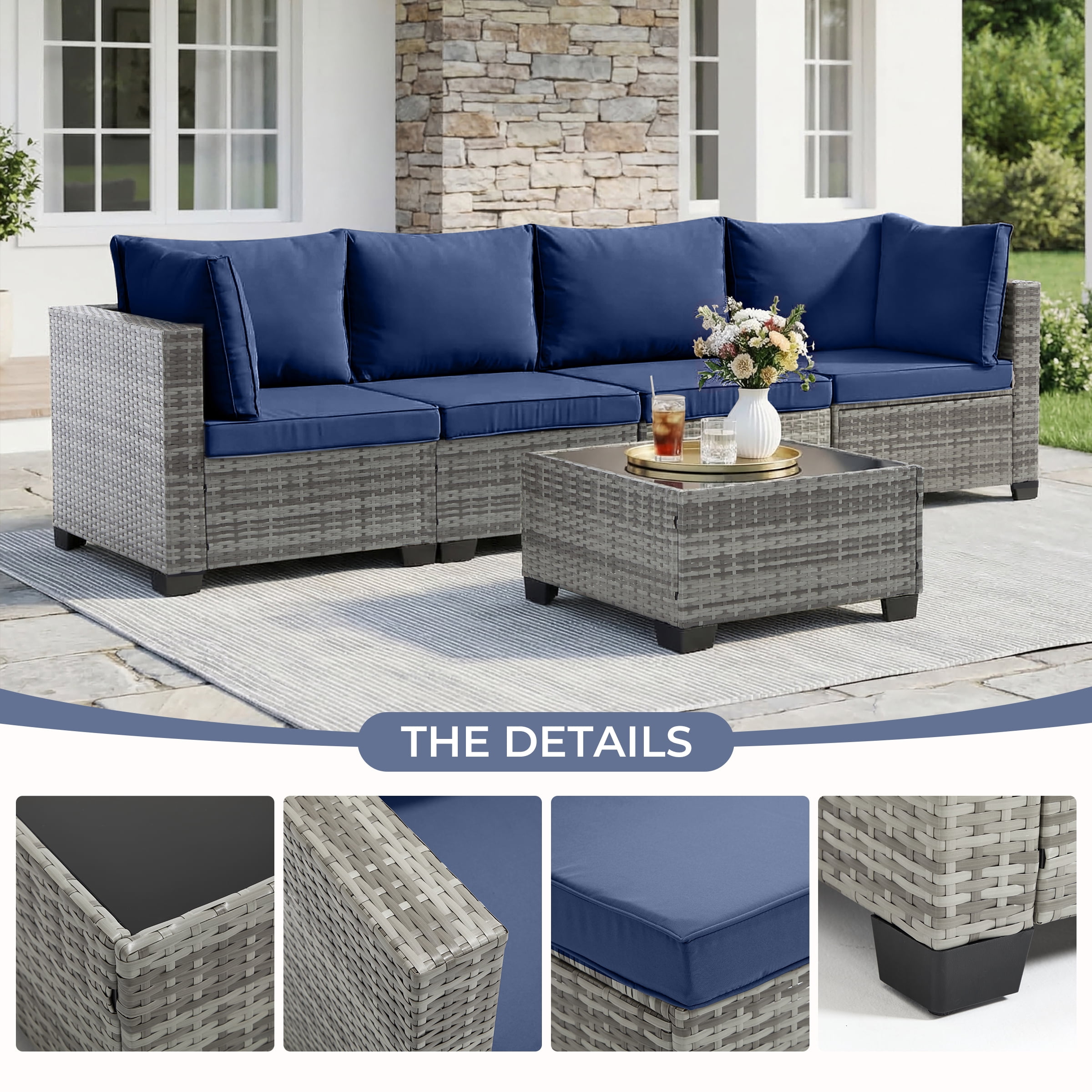Ebello 7-Piece Modular Outdoor Patio Sectional Sofa Set with Glass Coffee Table (Navy Blue, 7-Piece) 69jwu