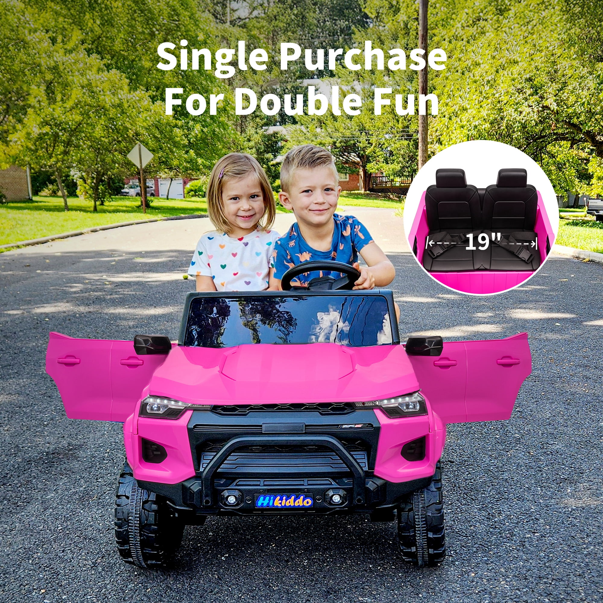 Hikiddo 4WD 2-Seater Electric Ride-On Truck for Kids, Powerful 24V Motor with Remote Control (Pink, 2-Seater) csh1b