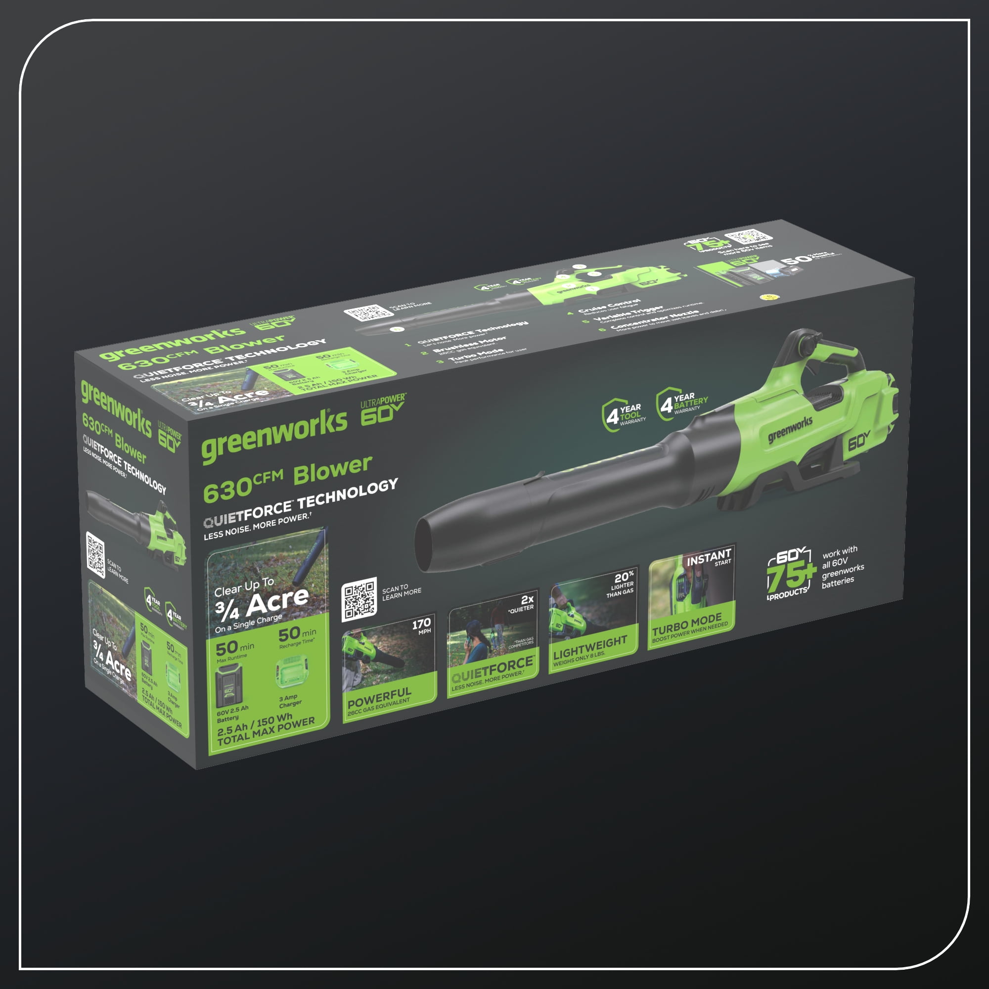 Greenworks 60V Cordless Leaf Blower with 2.5 Ah Battery and 3 Amp Charger (630 CFM, 170 MPH) g6mvj