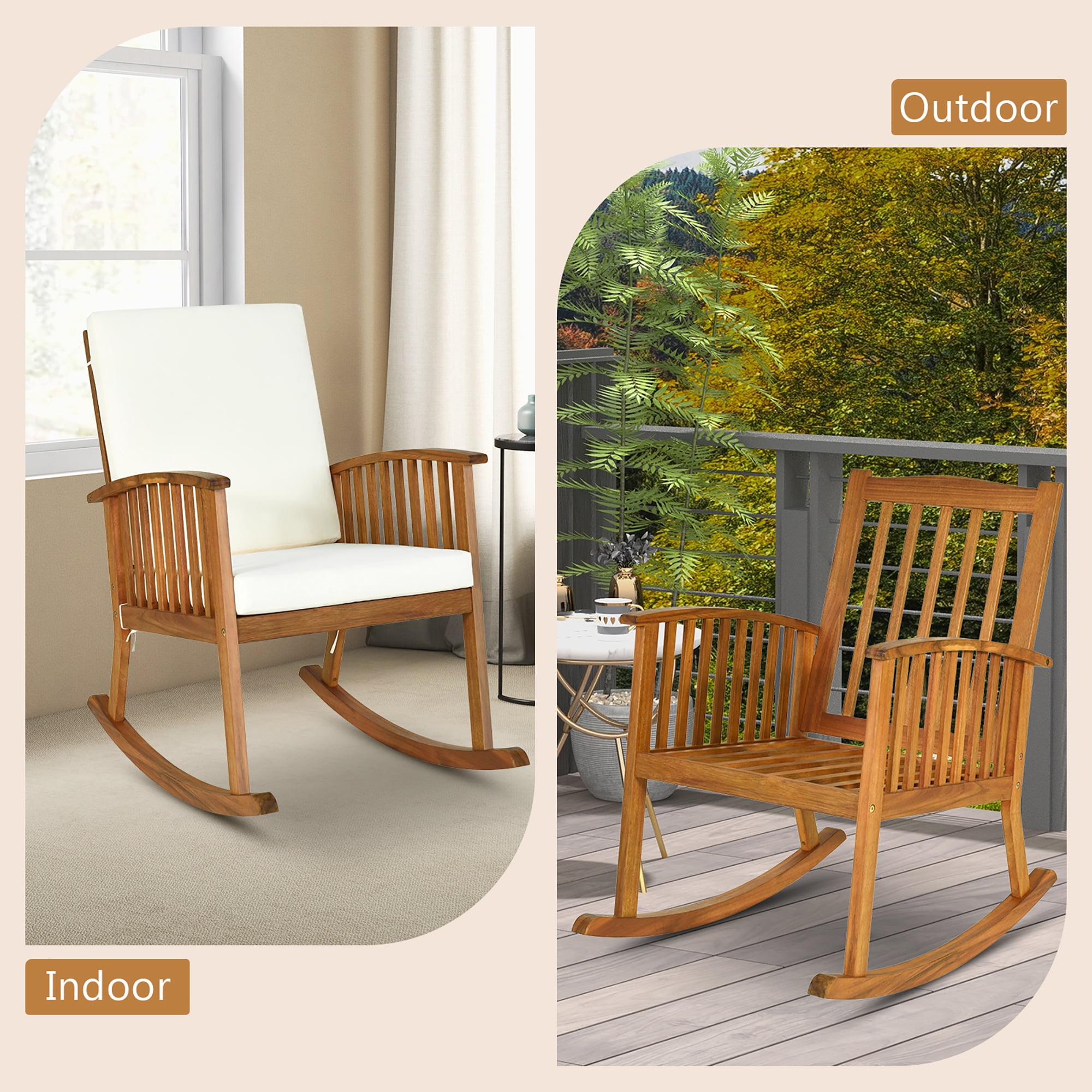 Gymax Patio Wooden Rocking Chair with Armrest Cushion (Brown, 35.5 in x 25 in x 36.5 in) gwno6