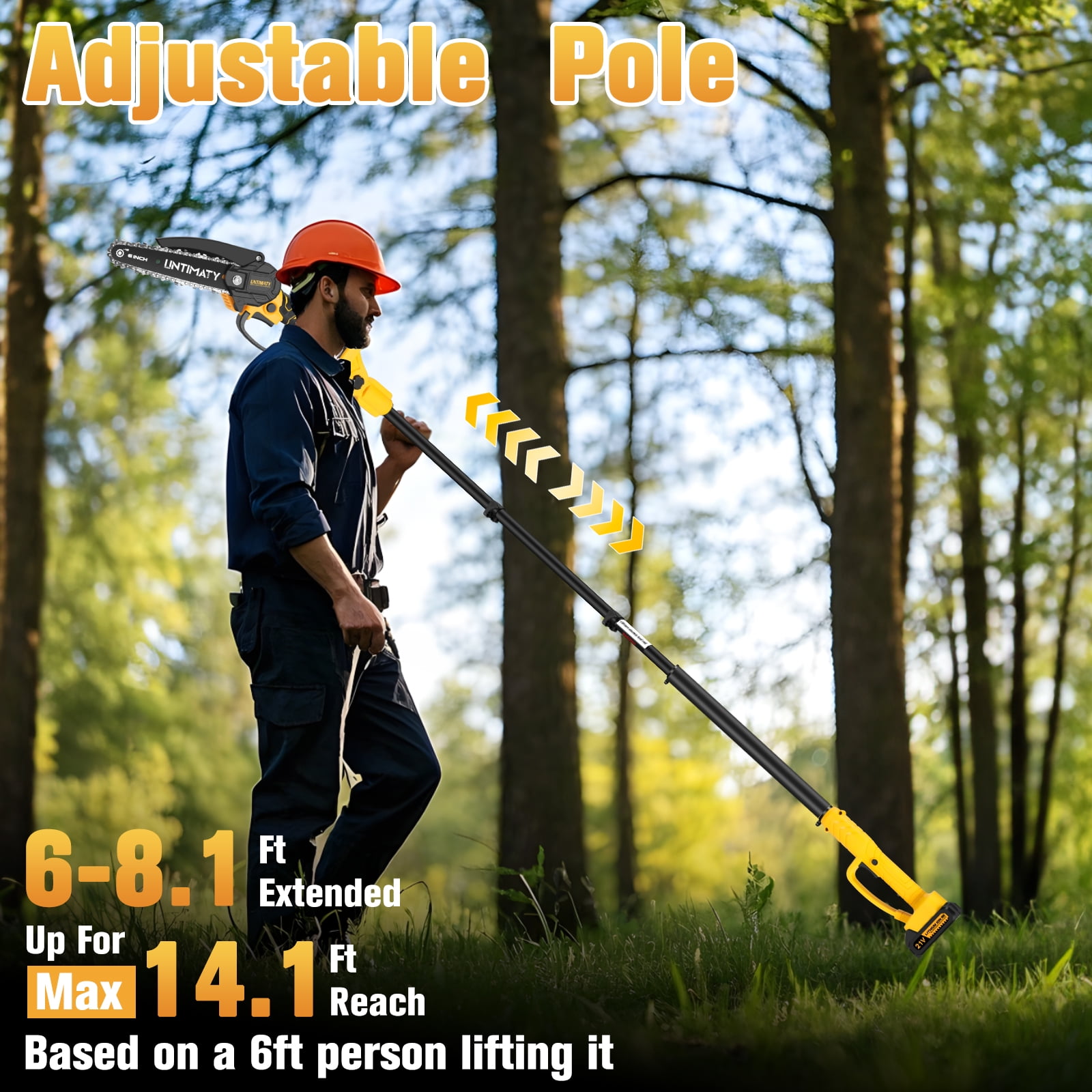 UMTIMATY Cordless Pole Saw, 6 Inch Brushless Mini Chainsaw with 14.1 FT Extension Pole (Yellow, 2 x 2.0Ah Batteries) wr6tj