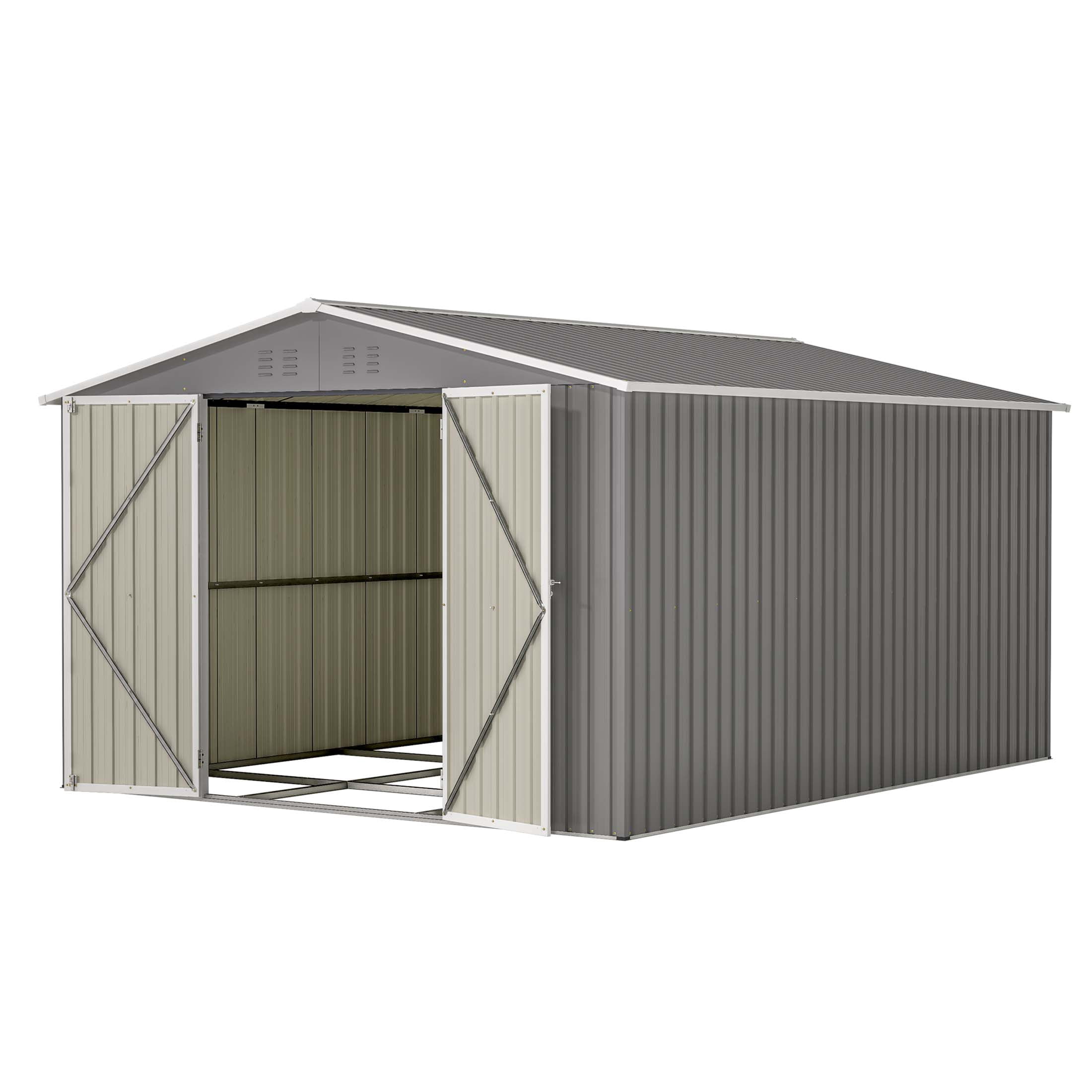 LZBEITEM Outdoor Storage Shed with Floor Frame Kit, Galvanized Steel Garden Tool Shed, Weatherproof Backyard Storage with Lockable Double Doors (Gray, 10 ft x 12 ft) 7fx83