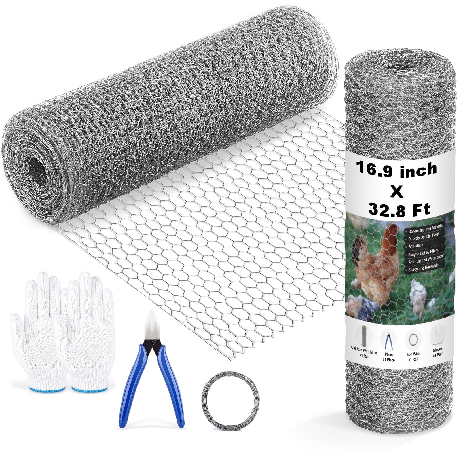 LANNEY Chicken Wire Fencing, Hexagonal Hardware Cloth for Garden and Poultry, Galvanized Steel Mesh (Silver, 16.9 in x 32.8 ft) 18x5d