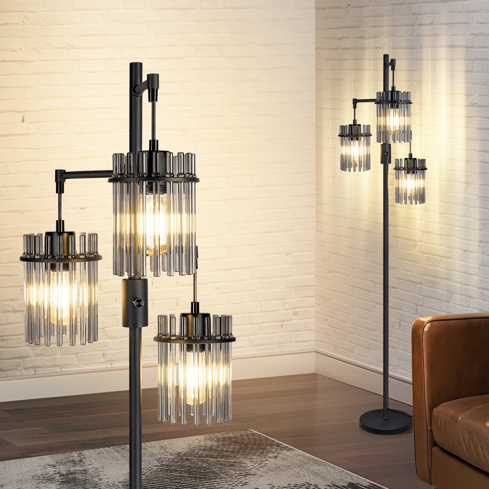 Muaket Industrial Modern Floor Lamp, Dimmable Tree Standing Light with 3 Teardrop Glass Cage Shades (Black, 65 in) yh6qg