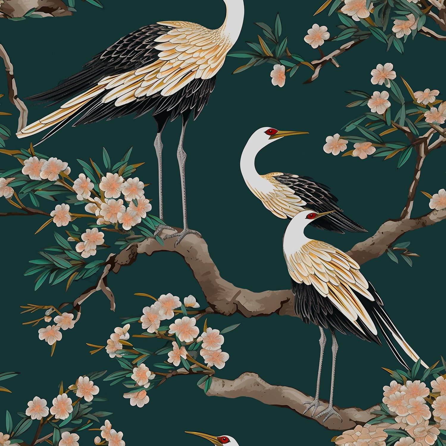 Usachibb Peel and Stick Wallpaper, Crane Bird Floral Contact Paper (Dark Green, 17.5 in x 118 in) 8ncdf