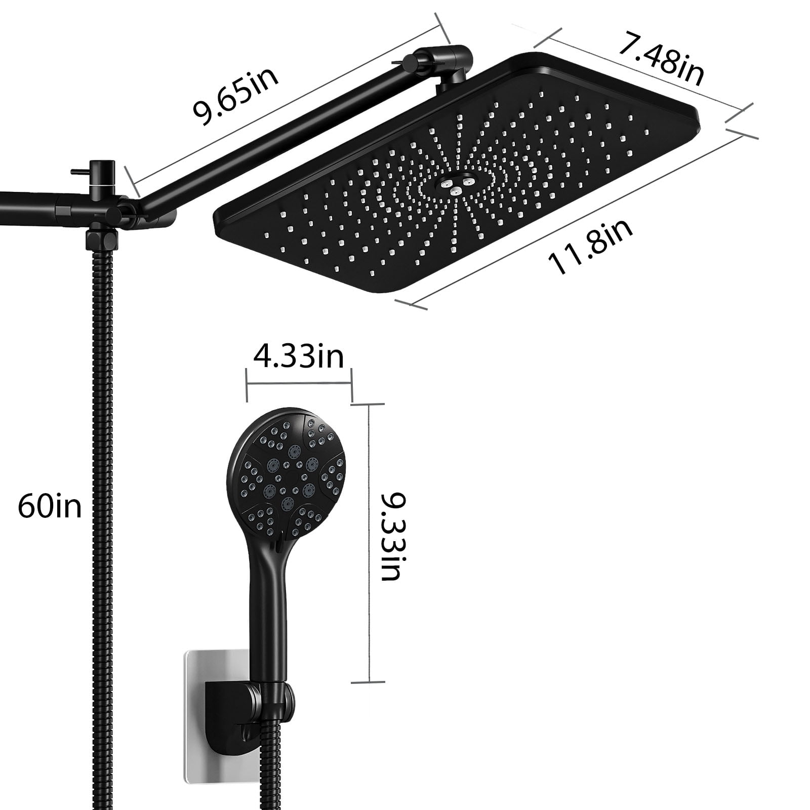 IUSU 12 in Rainfall Shower Head Combo, High Pressure Handheld Showerhead with Adjustable Extension Arm (Black, 12 in) 2wisl