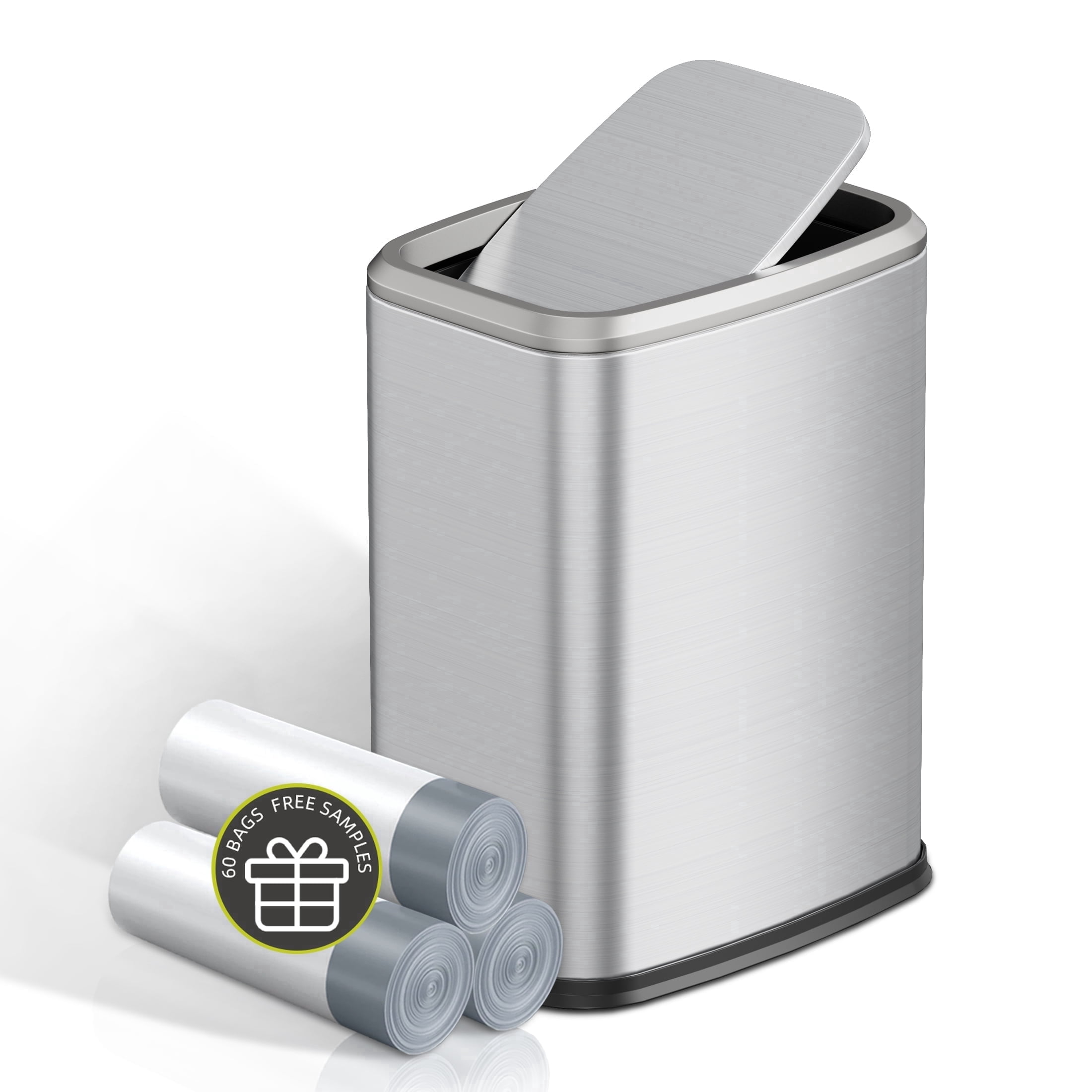 KSSKSS Stainless Steel Bathroom Trash Bin with Swing Lid, Fingerprint-Resistant Silent Waste Basket for Office and Home (Titanium Silver, 2.1 Gallon) gs8vc