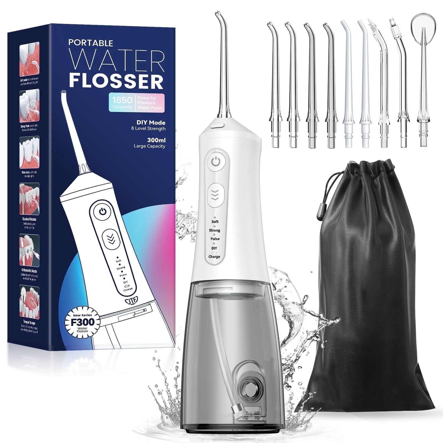 JTF Cordless Water Flosser Dental Oral Irrigator with 9 Jet Tips and 4 Pressure Modes (White, 10.14 fl oz) 3yyi2