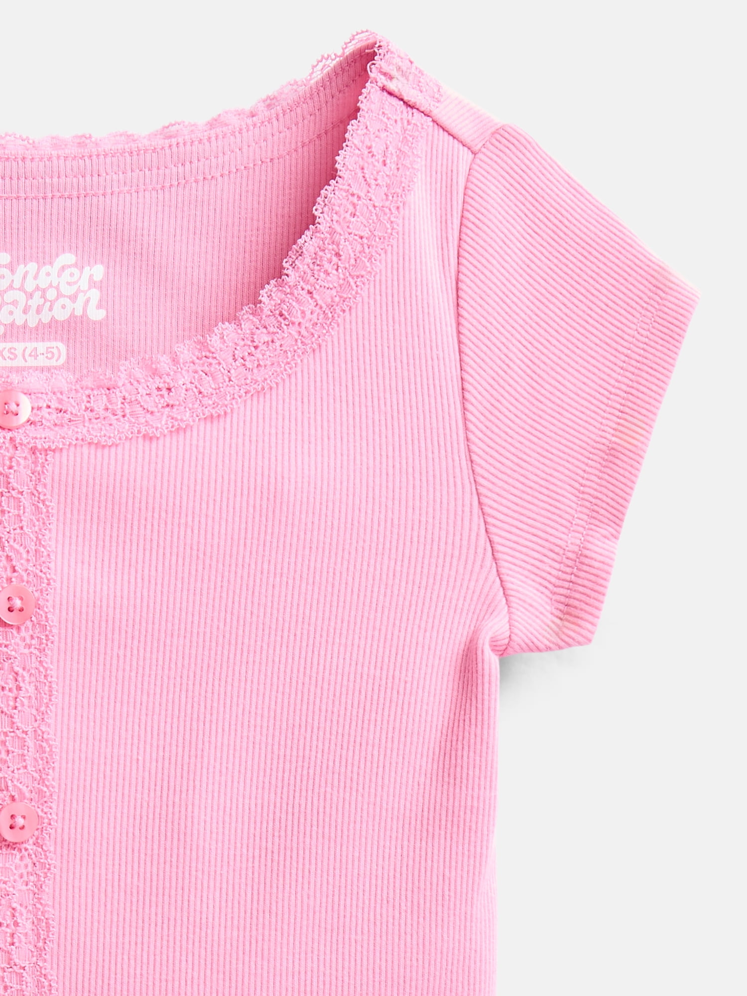 Wonder Nation Girls' Lace and Button Front Top Short Sleeve Ribbed Shirt (Pink, Size 10) myutx