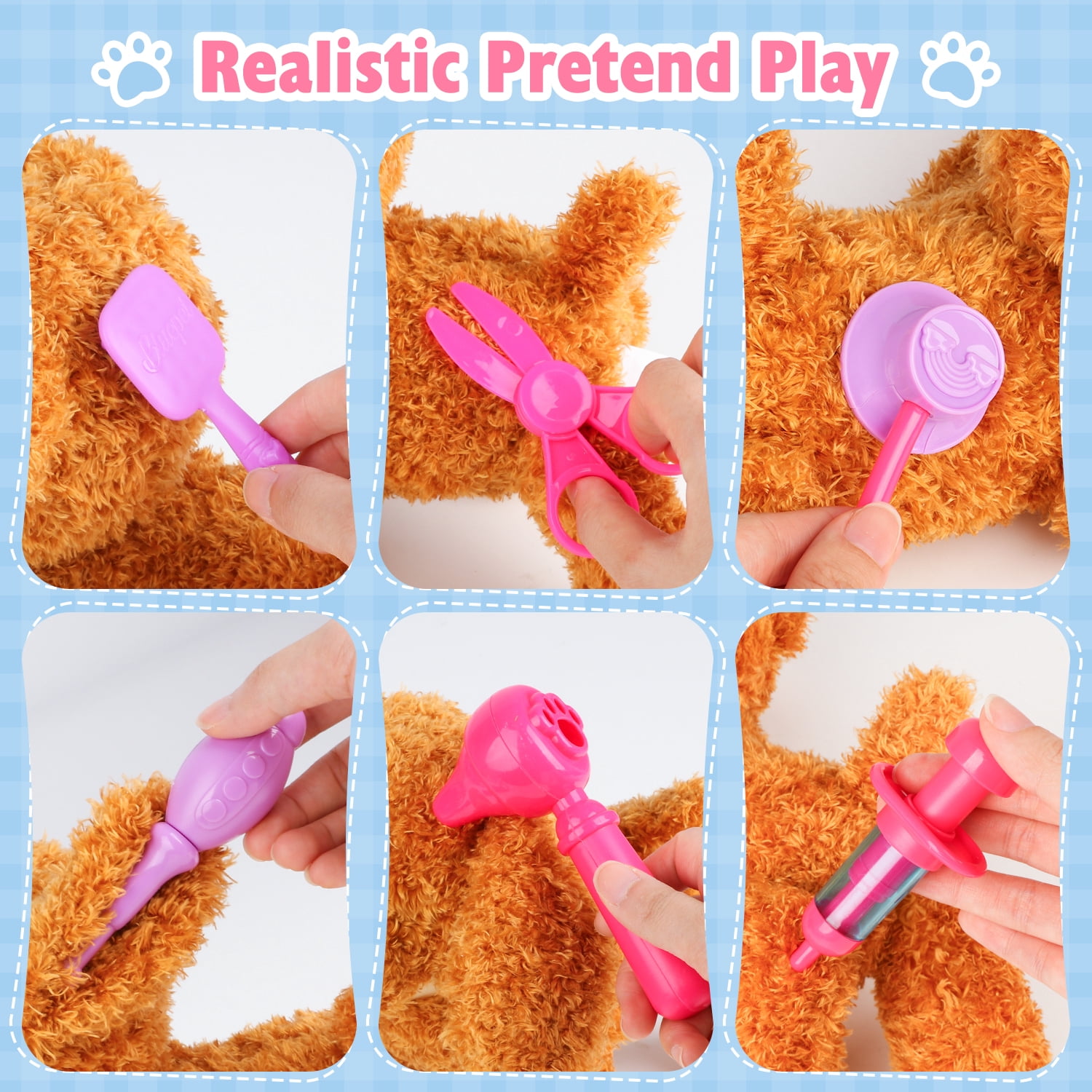 UQN Veterinarian Playset for Kids, Interactive Plush Dog Toy with Medical Tools and Pet Handbag (Pink, 12 Piece Set) 406cj