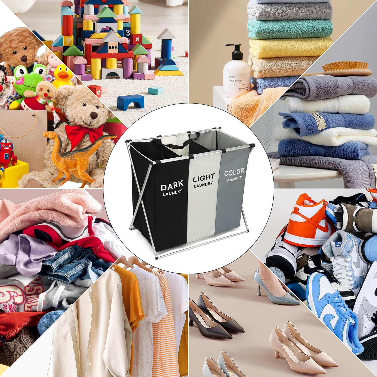 Torio 3-Compartment Collapsible Laundry Hamper, Freestanding Clothes Organizer with Reinforced Handles (Large, Gray) q6ukc