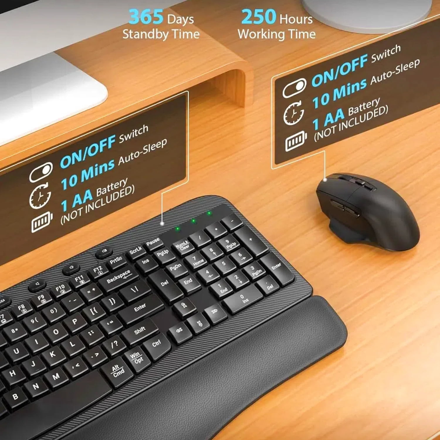 Wagpak Ergonomic Wireless Keyboard and Mouse Combo with Leather Palm Rest (Black, 1 Set) 1agds