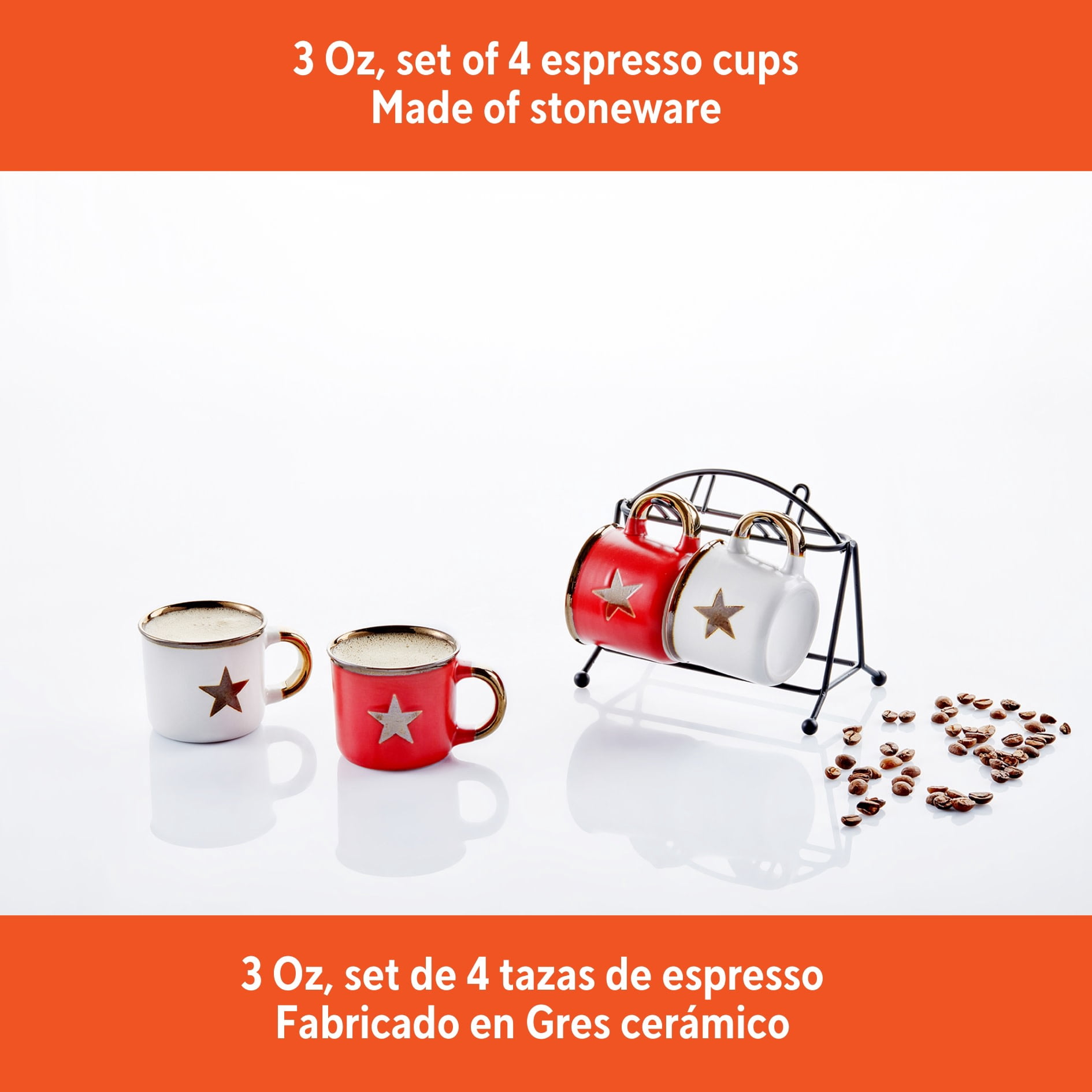 IMUSA Espresso Cup and Saucer Set with Rack (Red and White Star Print, 4 Piece Set) 6ulm6