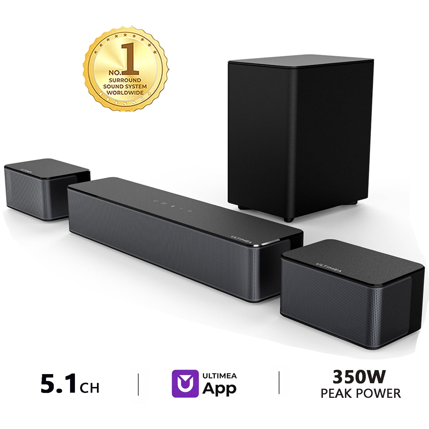 Ultimea 5.1 Surround Sound Bar System with Wireless Subwoofer and Rear Speakers (Black, 350W) cw0y4