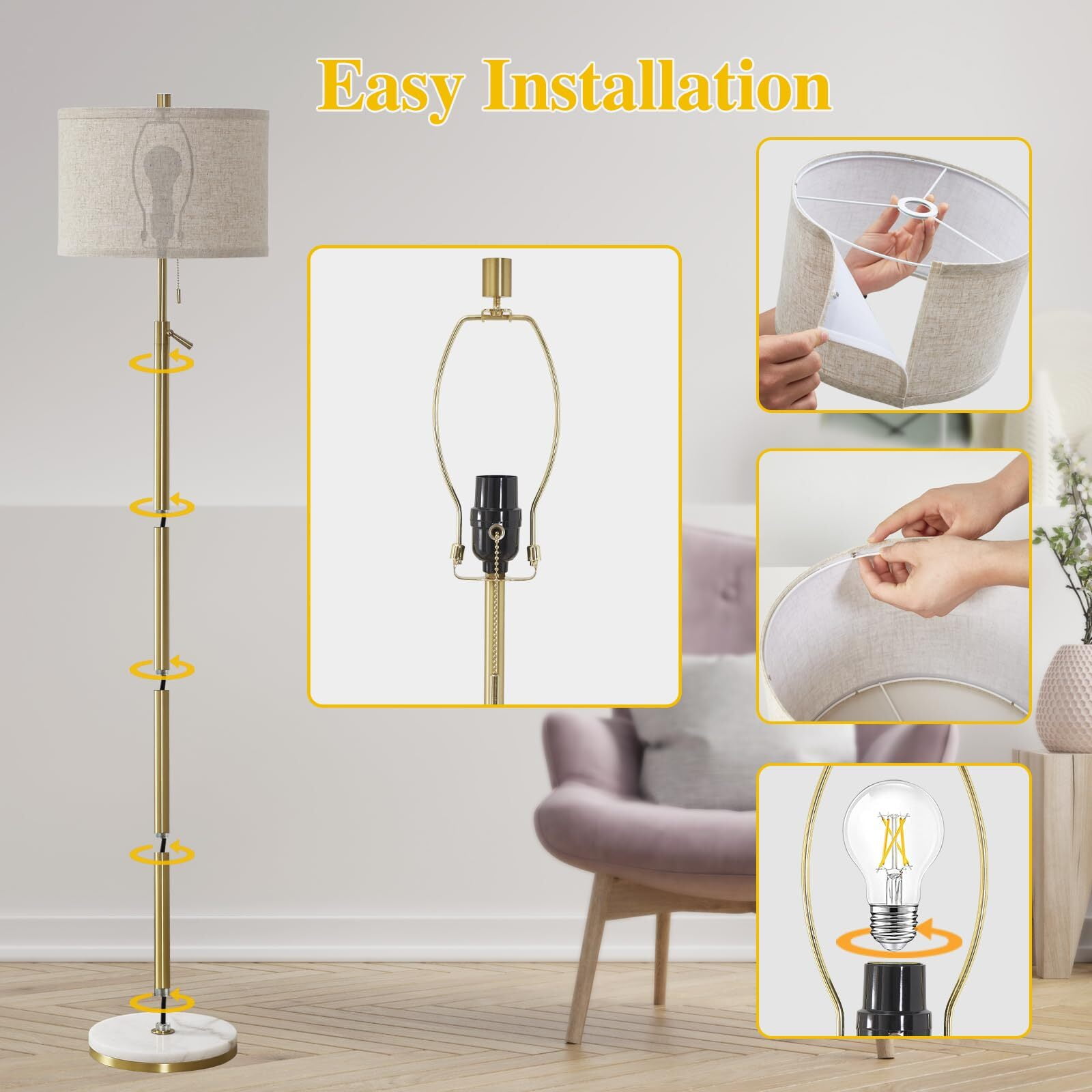 NATYSWAN Modern Floor Lamp with Marble Base, Adjustable Height Standing Lamp for Living Room and Bedroom (Gold, 55-64 in) 9fhm7