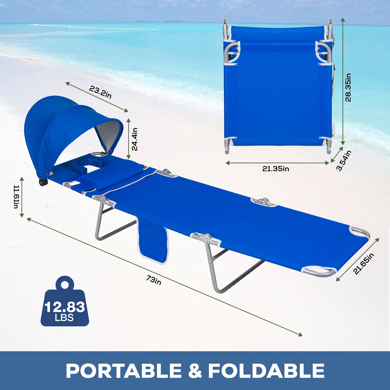 SUNSPIRE Folding Beach Lounge Chair with Canopy, Portable Reclining Sun Lounger with Face Hole and Side Pocket (Blue) e7mk6