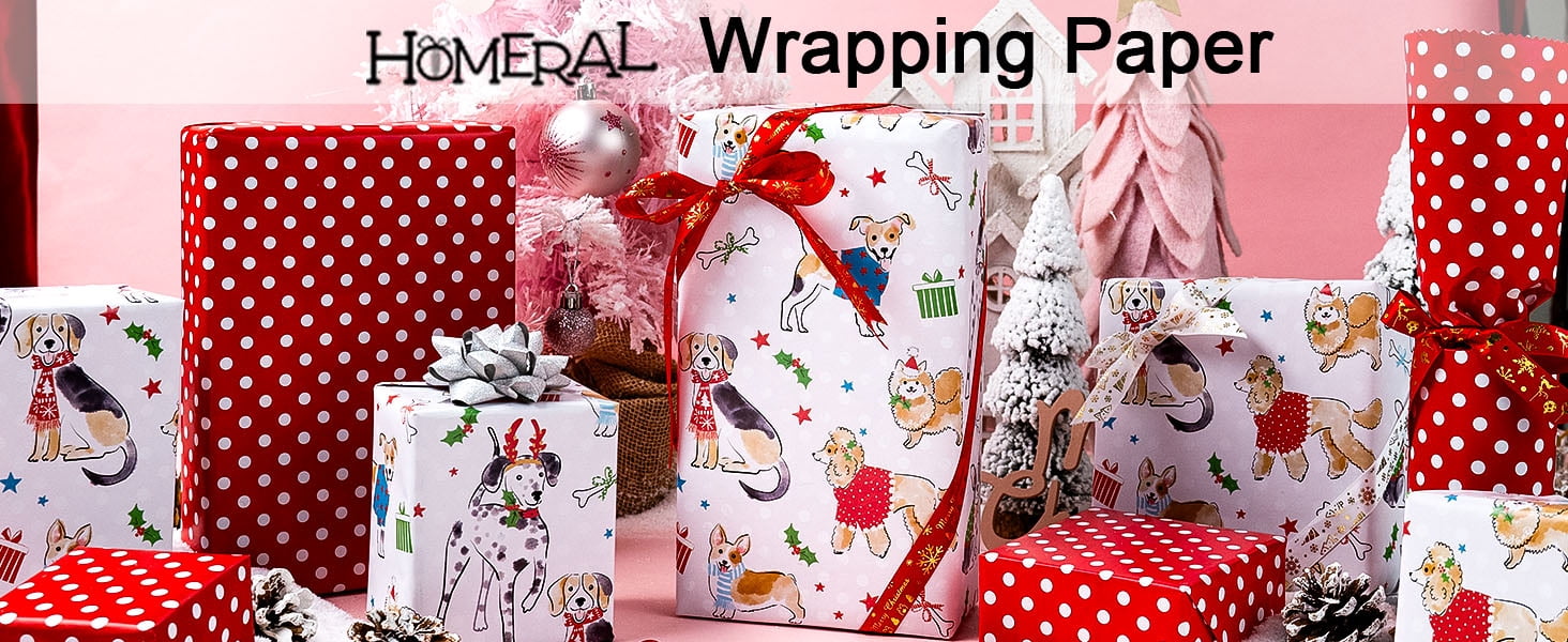 HOMERAL Christmas Wrapping Paper Roll, Festive Dog Pattern Gift Wrap (White, 17 in x 33 ft) yhmhd
