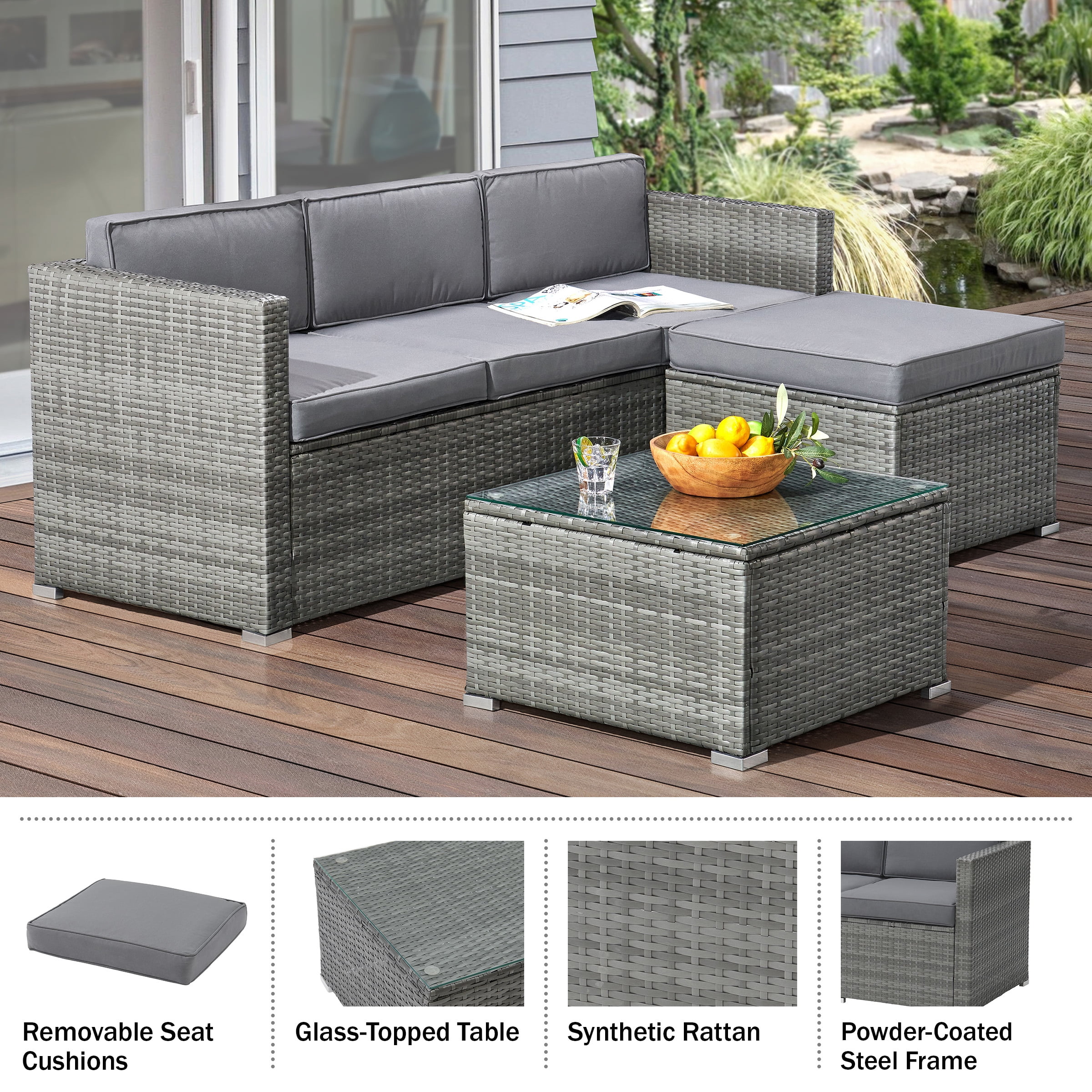 Lavish Home 3-Piece Cushioned Rattan Sectional Sofa Outdoor Patio Furniture Set (Gray, 70.25 in x 27 in x 25.75 in) o1hi6