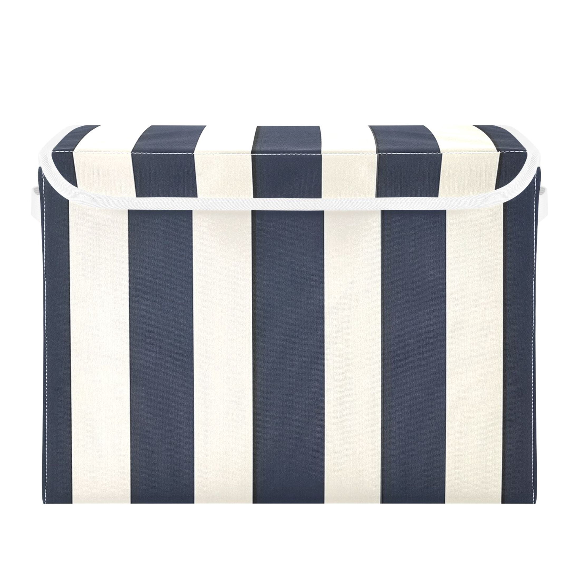 Booyaa Foldable Storage Bin with Lid and Handles, Vertical Stripe Fabric Organizer for Closet and Home (Navy Blue, 16.5 x 12.6 x 11.8 in) wvq29