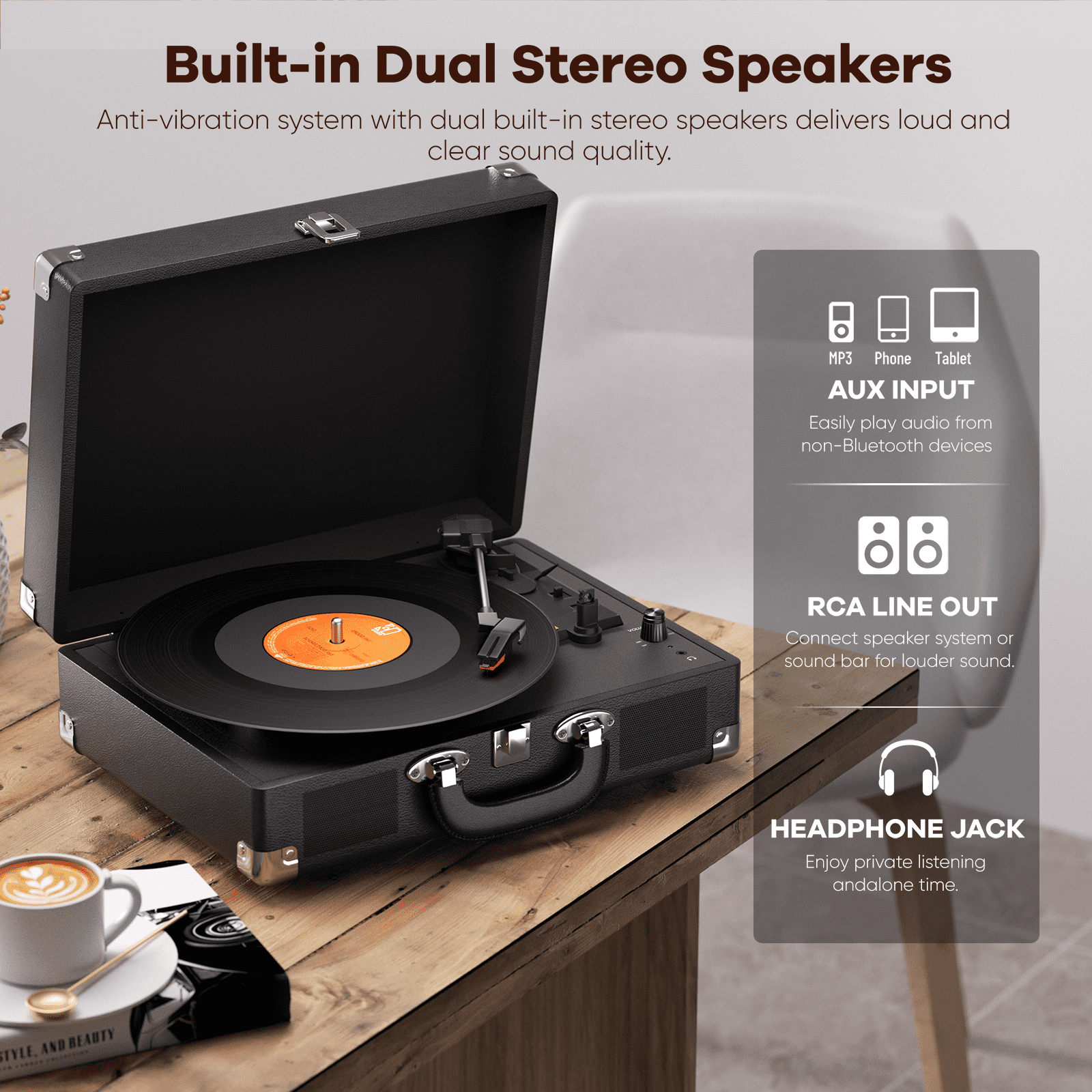 MAIO C200 Vintage Vinyl Record Player, 3-Speed Belt-Driven Turntable with Built-in Stereo Speakers (Black) gxvwc