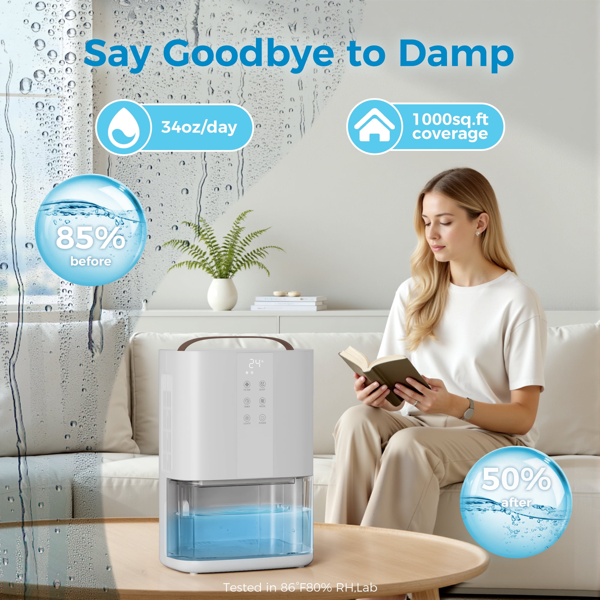 Kloudic Portable Dehumidifier for Home, Ultra Quiet Small Dehumidifier with Auto Shut Off and Sleep Mode (White, 90 oz) tigv1